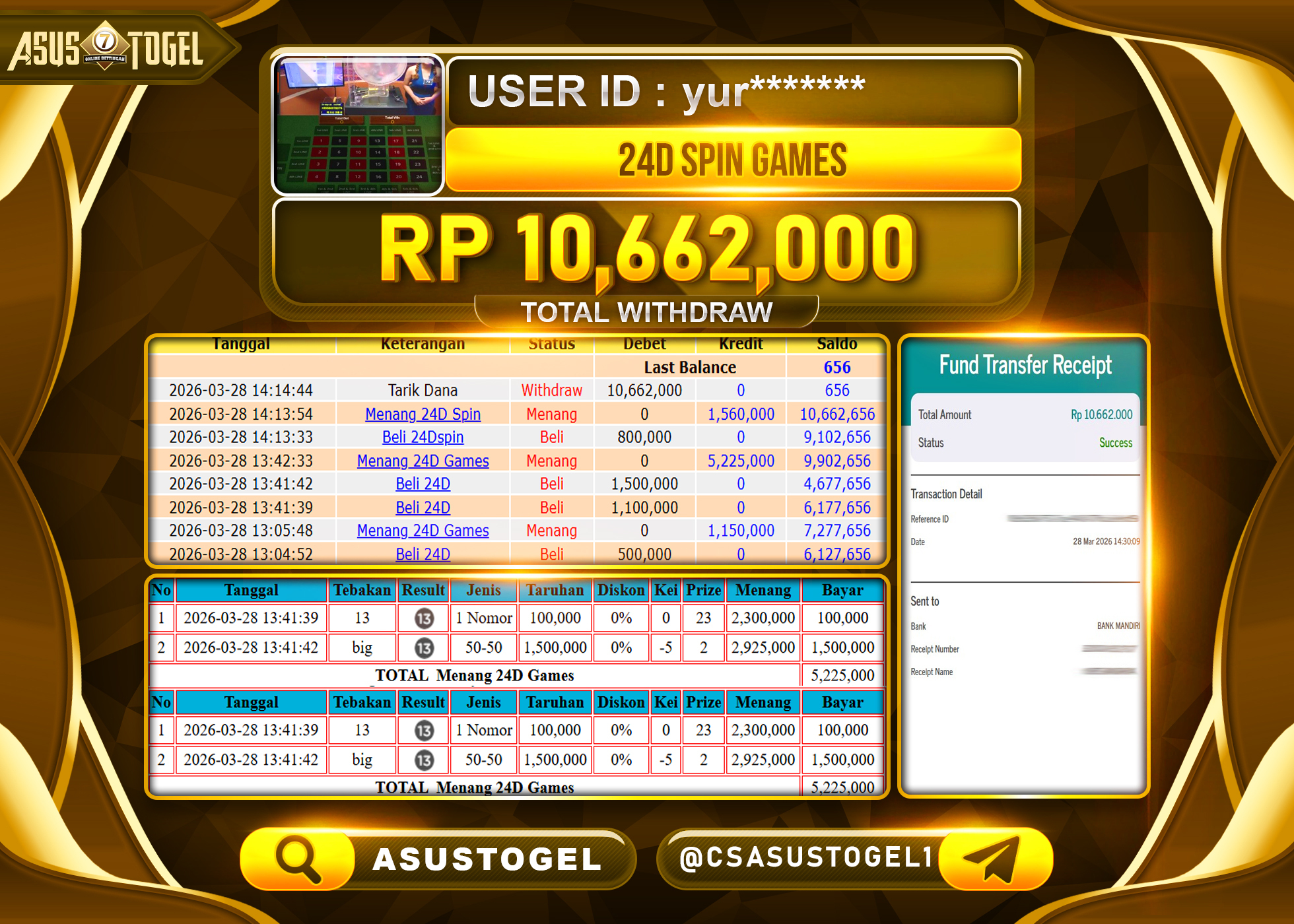 ASUSTOGEL KEMENANGAN JACKPOT DI LIVE GAMES 24 D  SPIN PRAGMATIC PLAY Rp.10,662,000 - RUPIAH LUNAS