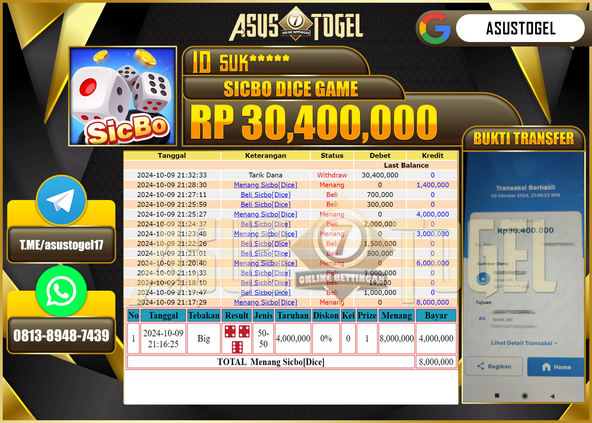 ASUSTOGEL KEMENANGAN  DI GAMES  SICBO   DICE  MENANG     SEBESAR 30,400,000- RUPIAH LUNAS