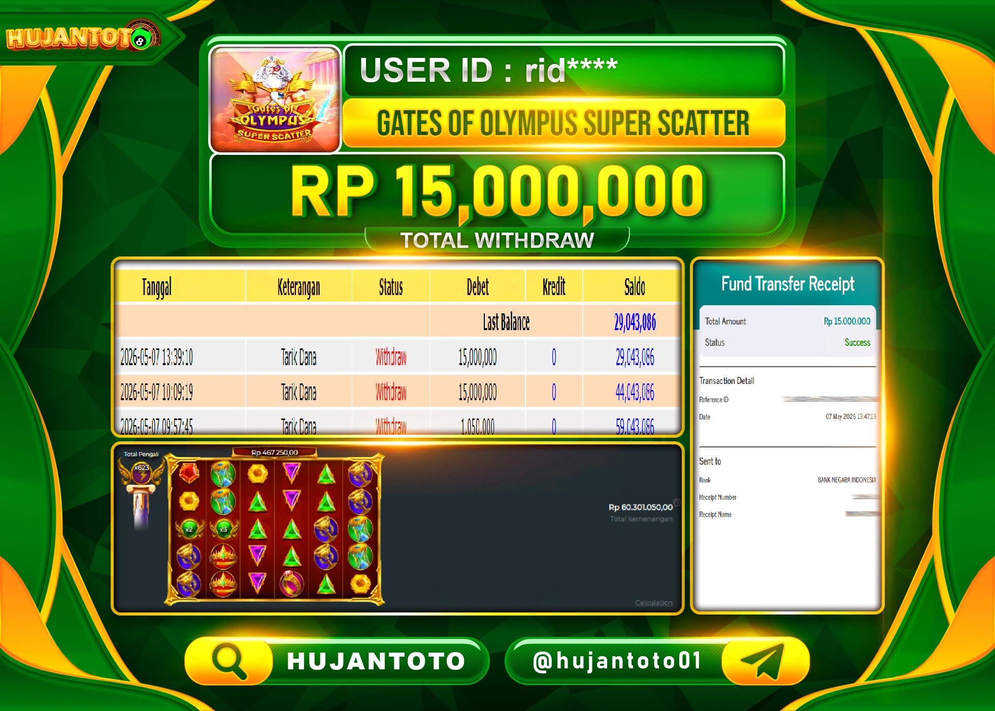 HUJANTOTO - BUKTI JACKPOT MENANG SLOT GATES OF OLYMPUS SUPER SCATTER Rp.15,000,000 - TERBAYAR LUNAS