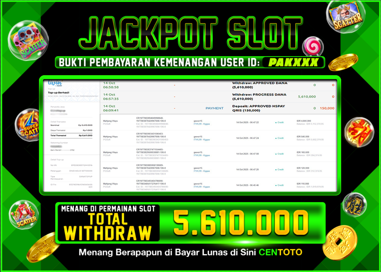 BUKTI JACKPOT SLOT CENTOTO RP.5.610.000,-LUNAS