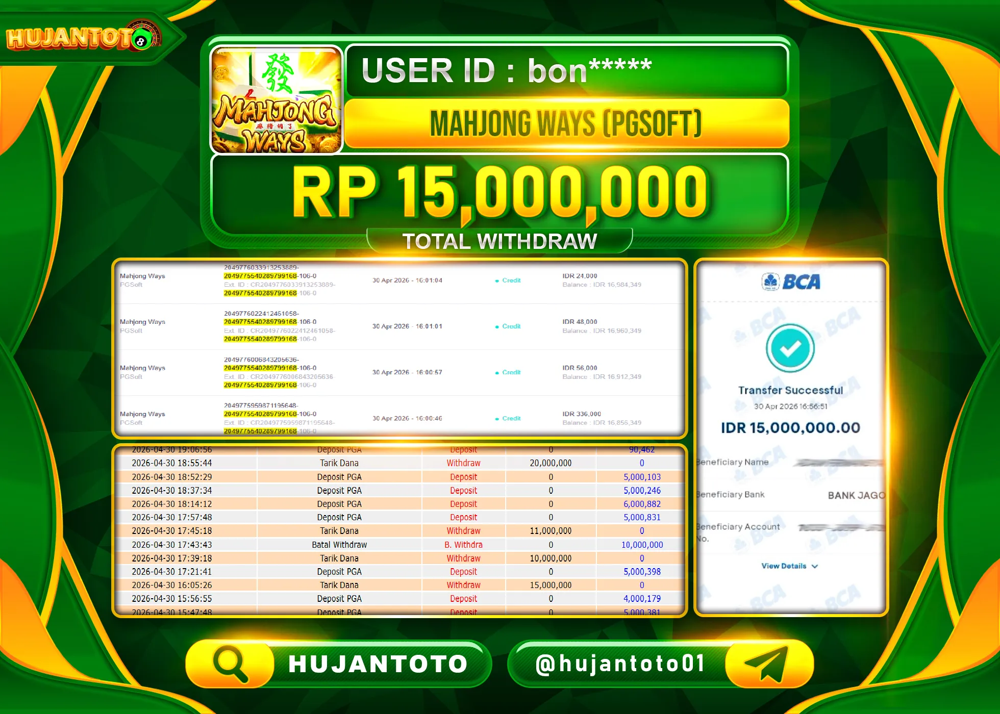 HUJANTOTO - BUKTI JACKPOT MENANG SLOT MAHJONG WAYS Rp.15,000,000 - TERBAYAR LUNAS