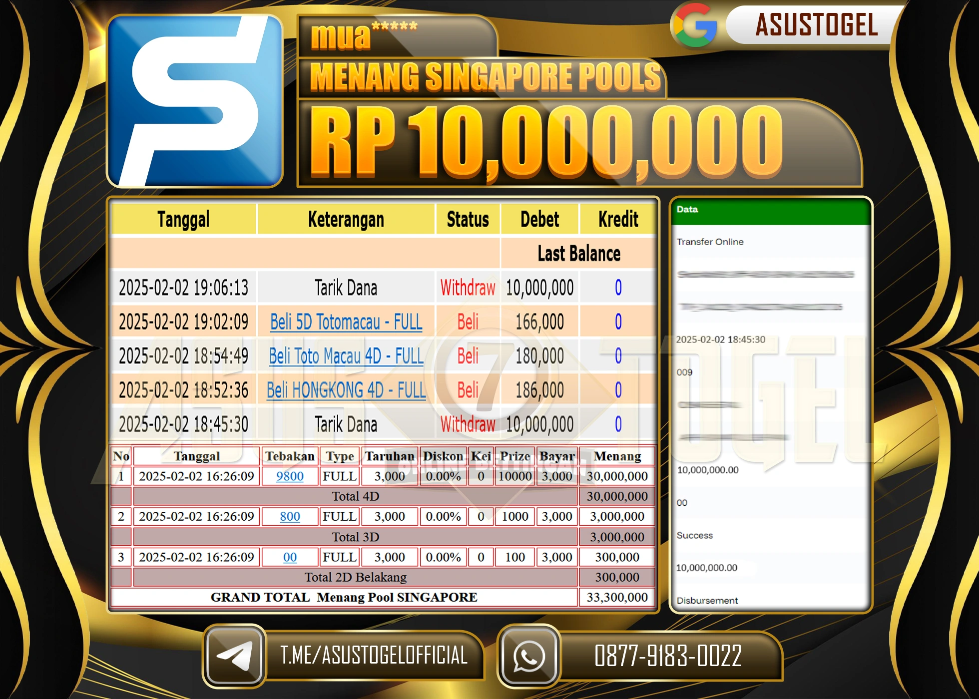 ASUSTOGEL KEMENANGAN DI TOGEL SINGAPORE  SEBESAR 10,000,000 - RUPIAH LUNAS