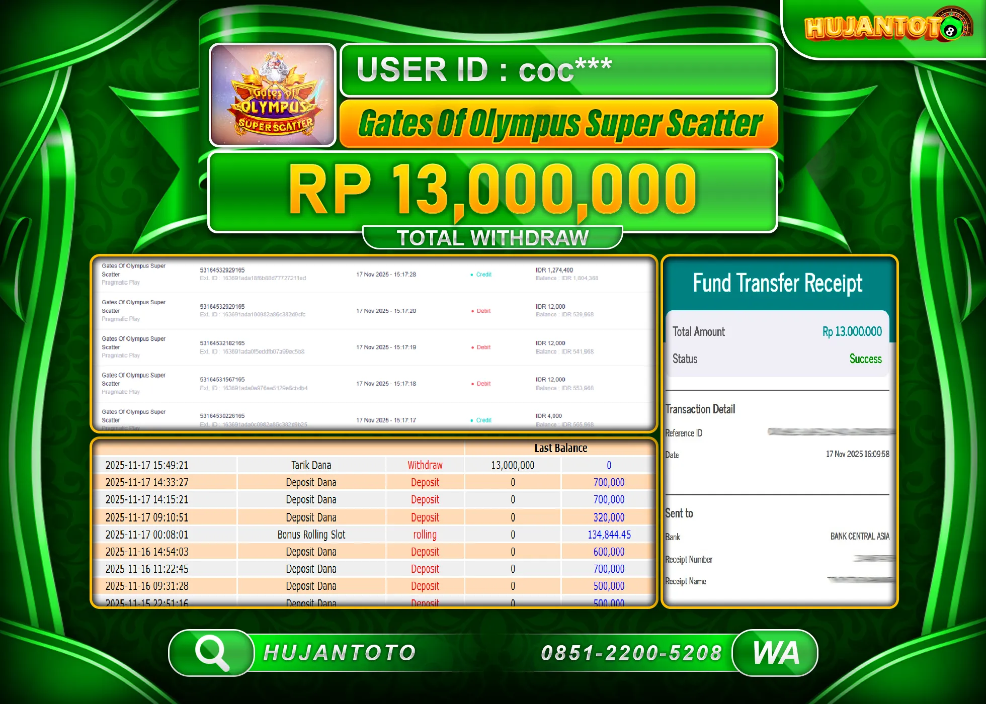 HUJANTOTO - BUKTI JACKPOT SLOT GATES OF OLYMPUS SUPER SCATTER Rp.13,000,000 - TERBAYAR LUNAS