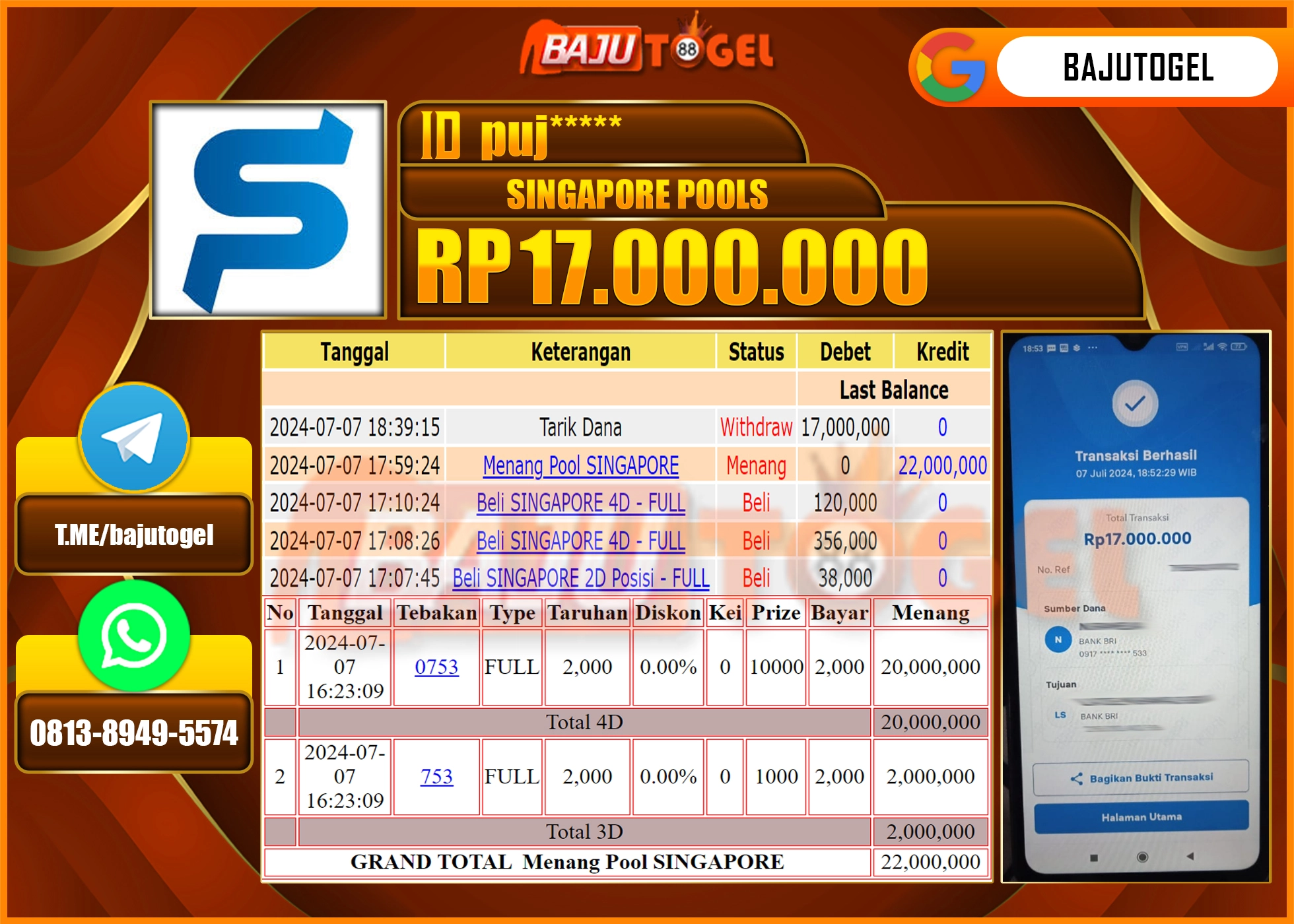 BAJUTOGEL KEMENANGAN PASARAN SINGAPORE Rp.17.000.000 LUNAS