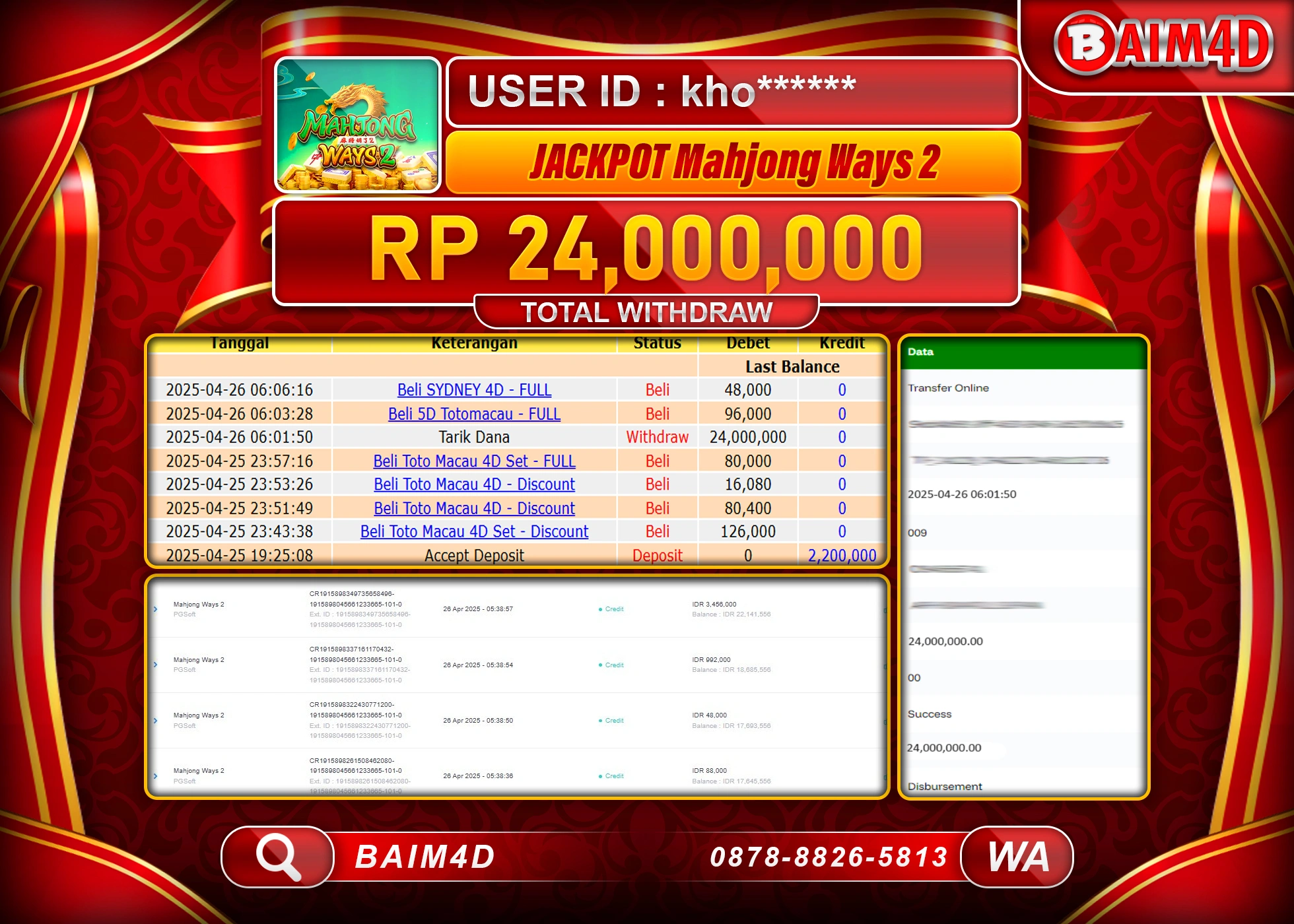 BAIM4D MENANG JACKPOT MAHJONG WINS 2  Rp.24.000,000.- LUNAS