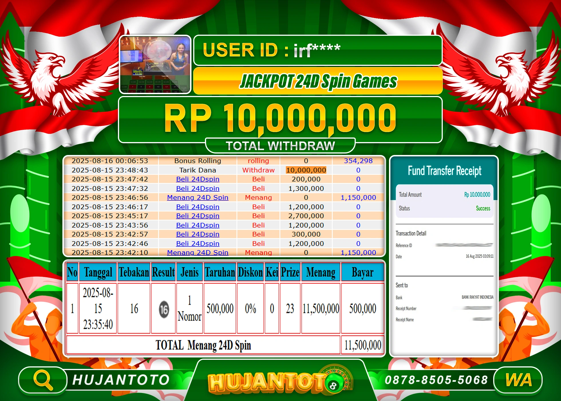HUJANTOTO - BUKTI JACKPOT MENANGLIVE GAME 24D SPIN GAMES Rp.10,000,000 - TERBAYAR LUNAS