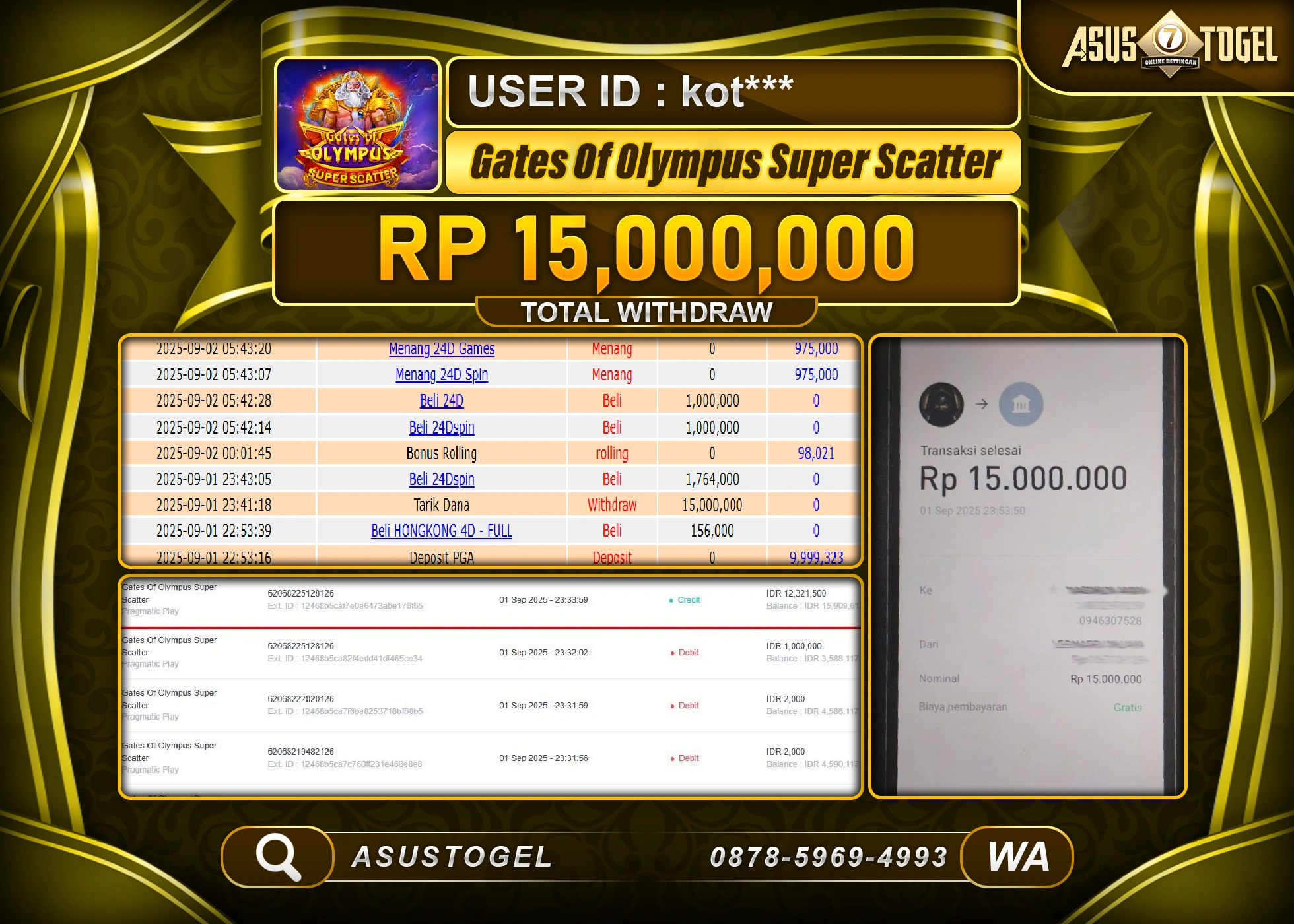 ASUSTOGEL KEMENANGAN DI SLOT GATES OF OLYMPUS 1000 SEBESAR 15,000,000- RUPIAH LUNAS
