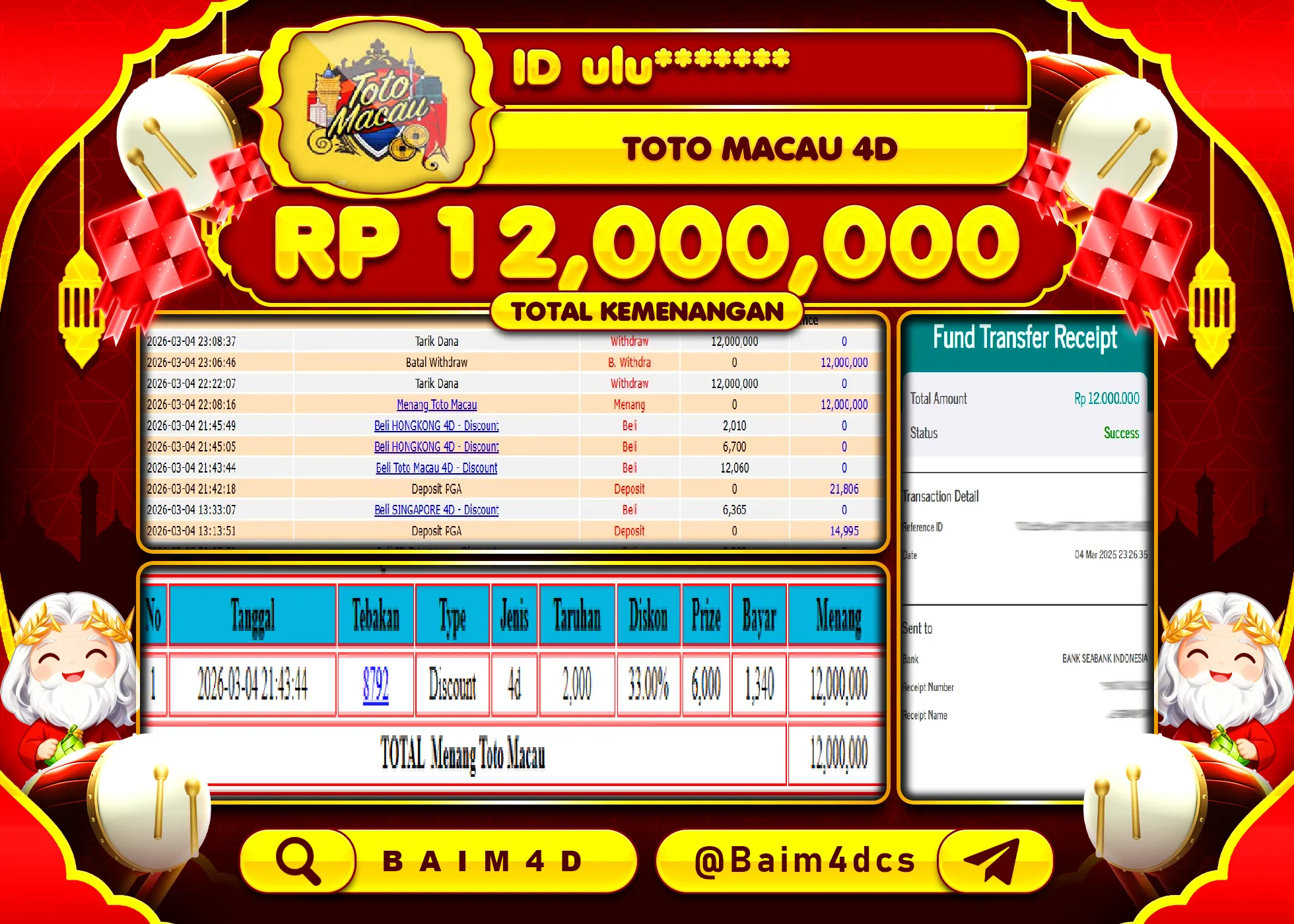 BAIM4D JACKPOT TOGEL TOTO MACAU 4D Rp.12,000,000 - LUNAS