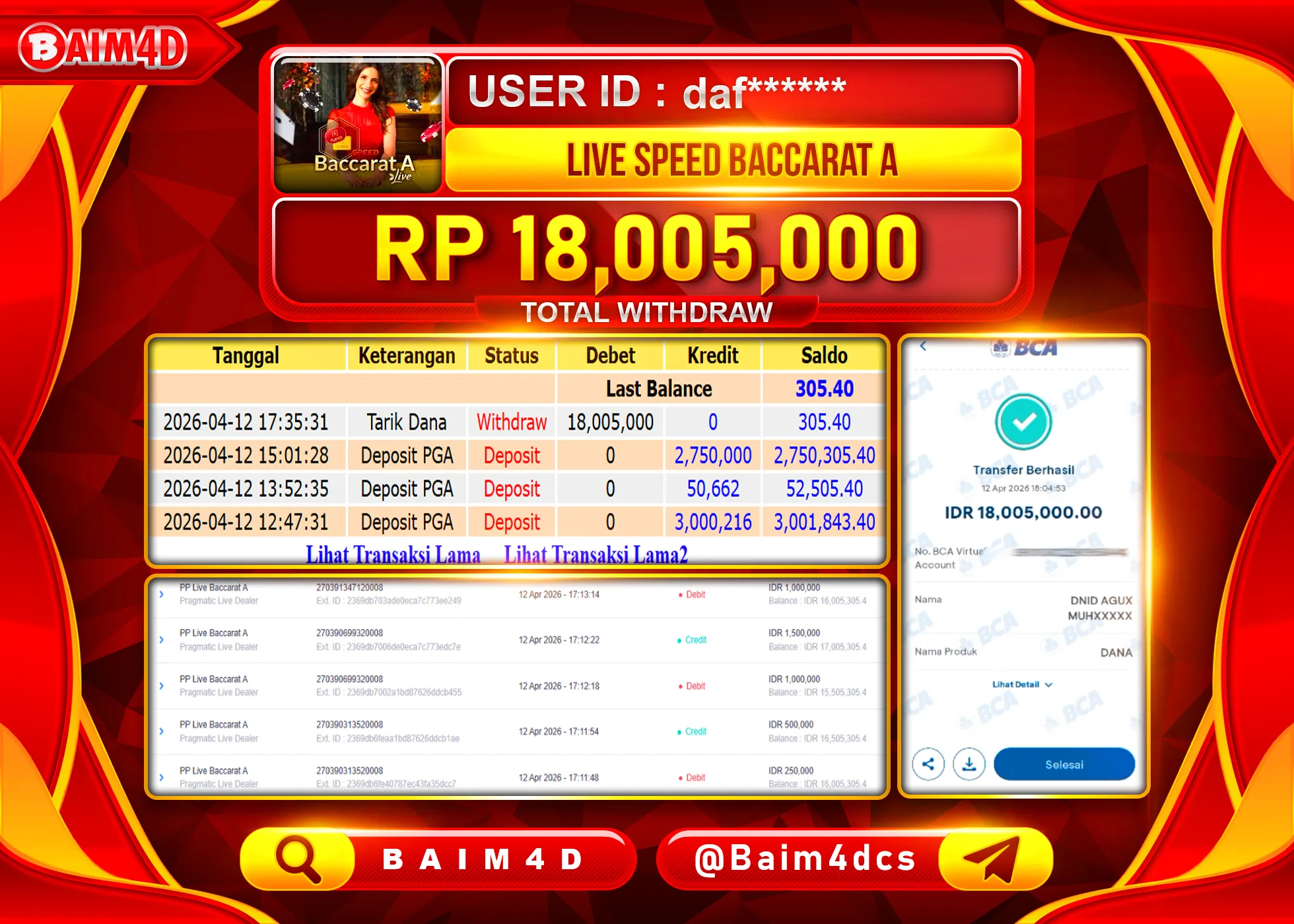 BAIM4D JACKPOT LIVE SPEED BACCARAT A Rp.18,005,000 - LUNAS
