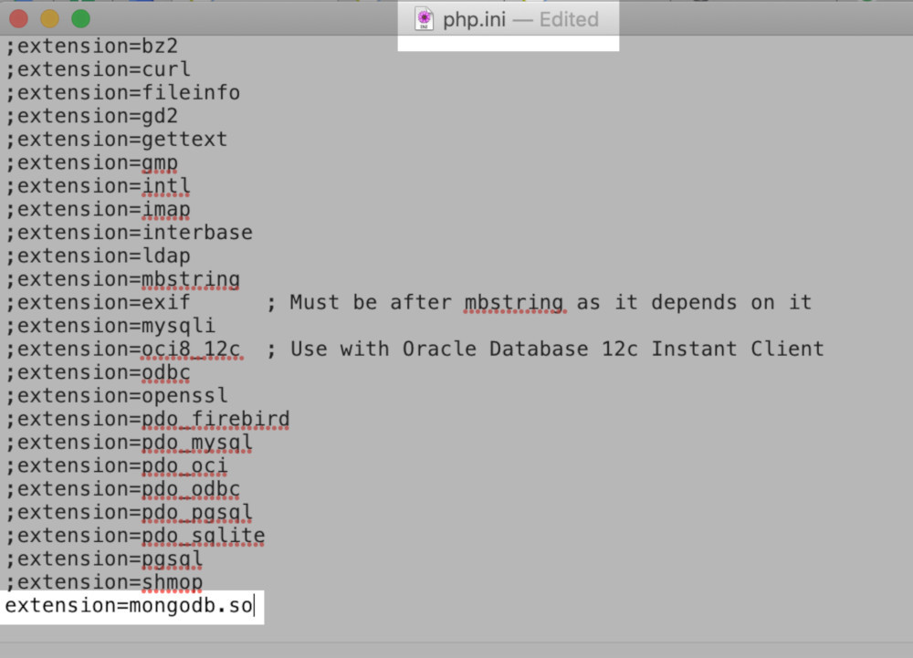 Screenshot of ""extension=mongodb.so"" being added to the php.ini file