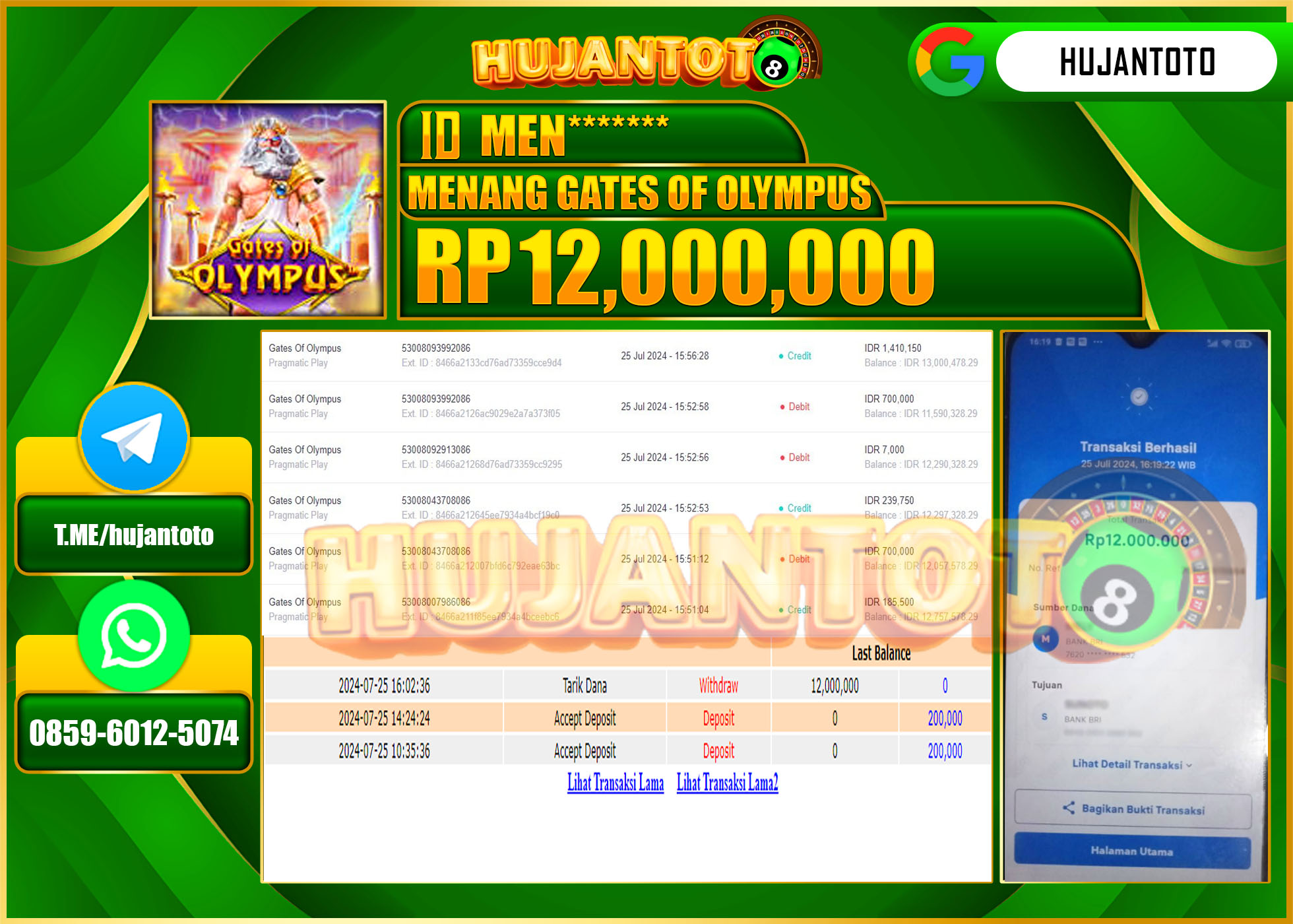 HUJANTOTO MENANG PERMAINAN GATES OF OLYMPUS 12.000.000 - LUNAS 