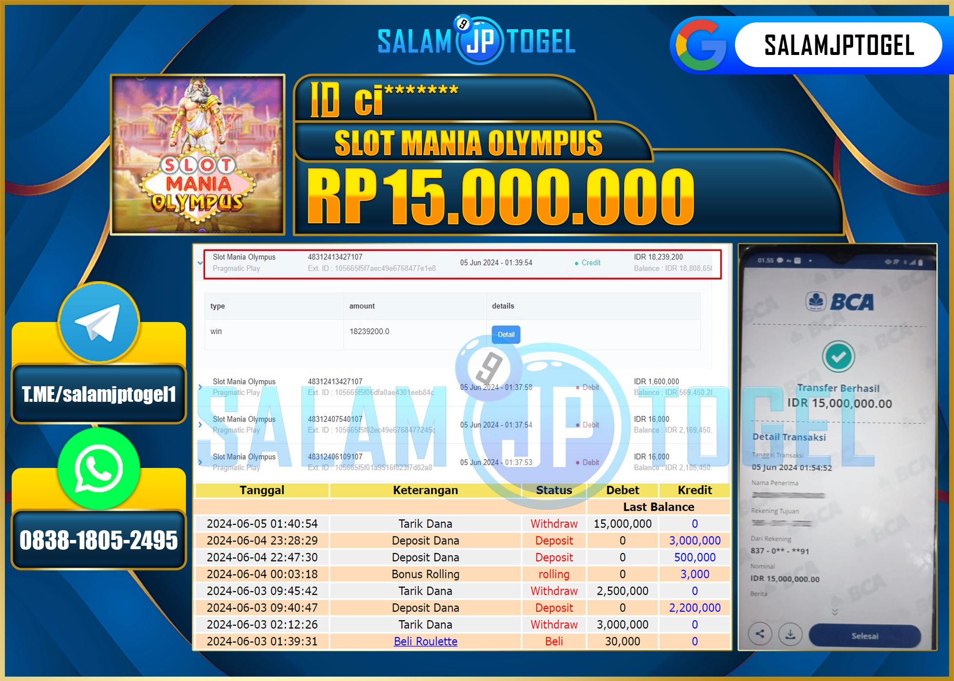 SALAMJPTOGEL MENANG Slot Mania Olympus RP. 15,000,000.,LUNAS