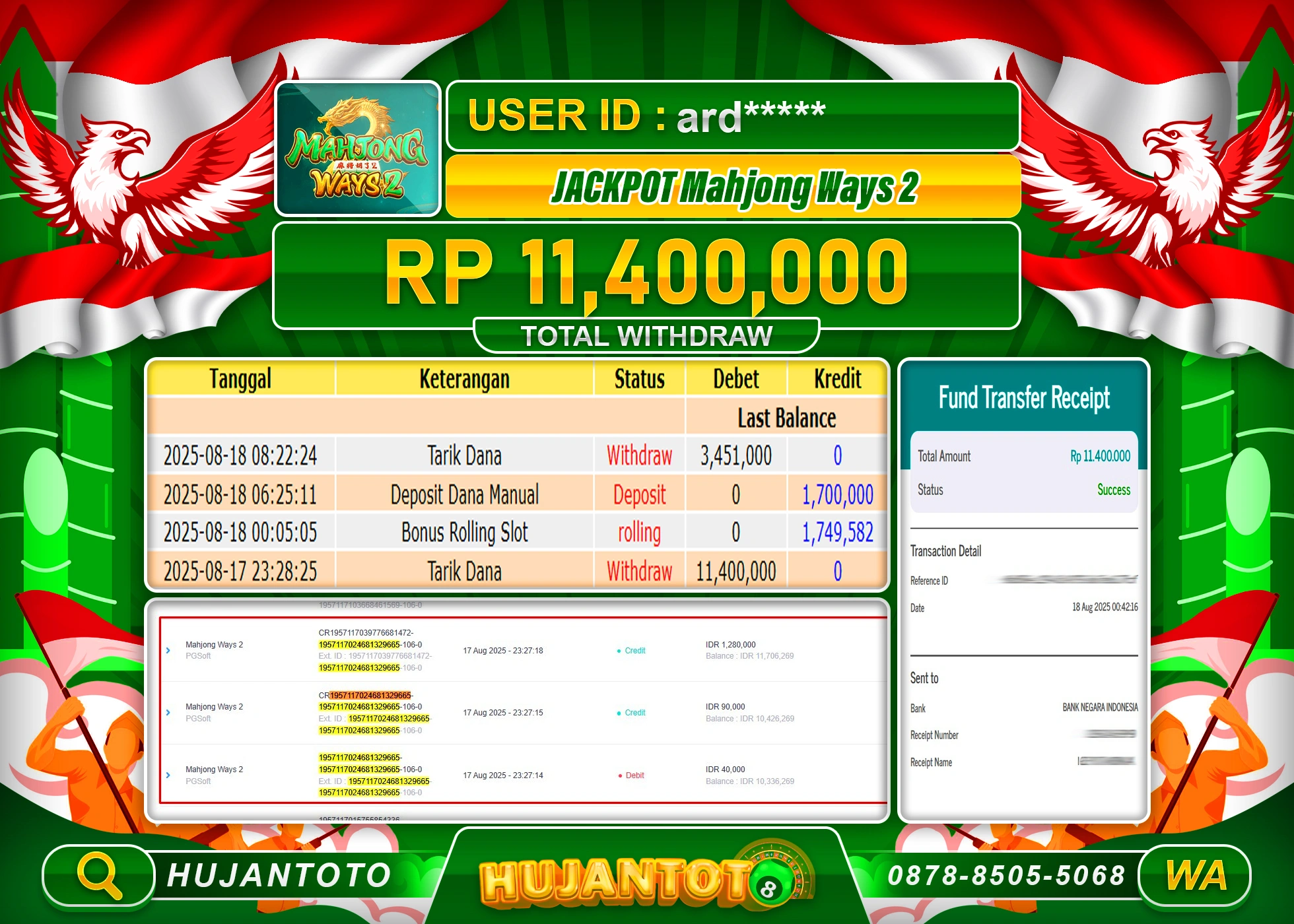 HUJANTOTO - BUKTI JACKPOT MENANG SLOT MAHJONG WAYS 2 Rp.11,400,000 - TERBAYAR LUNAS