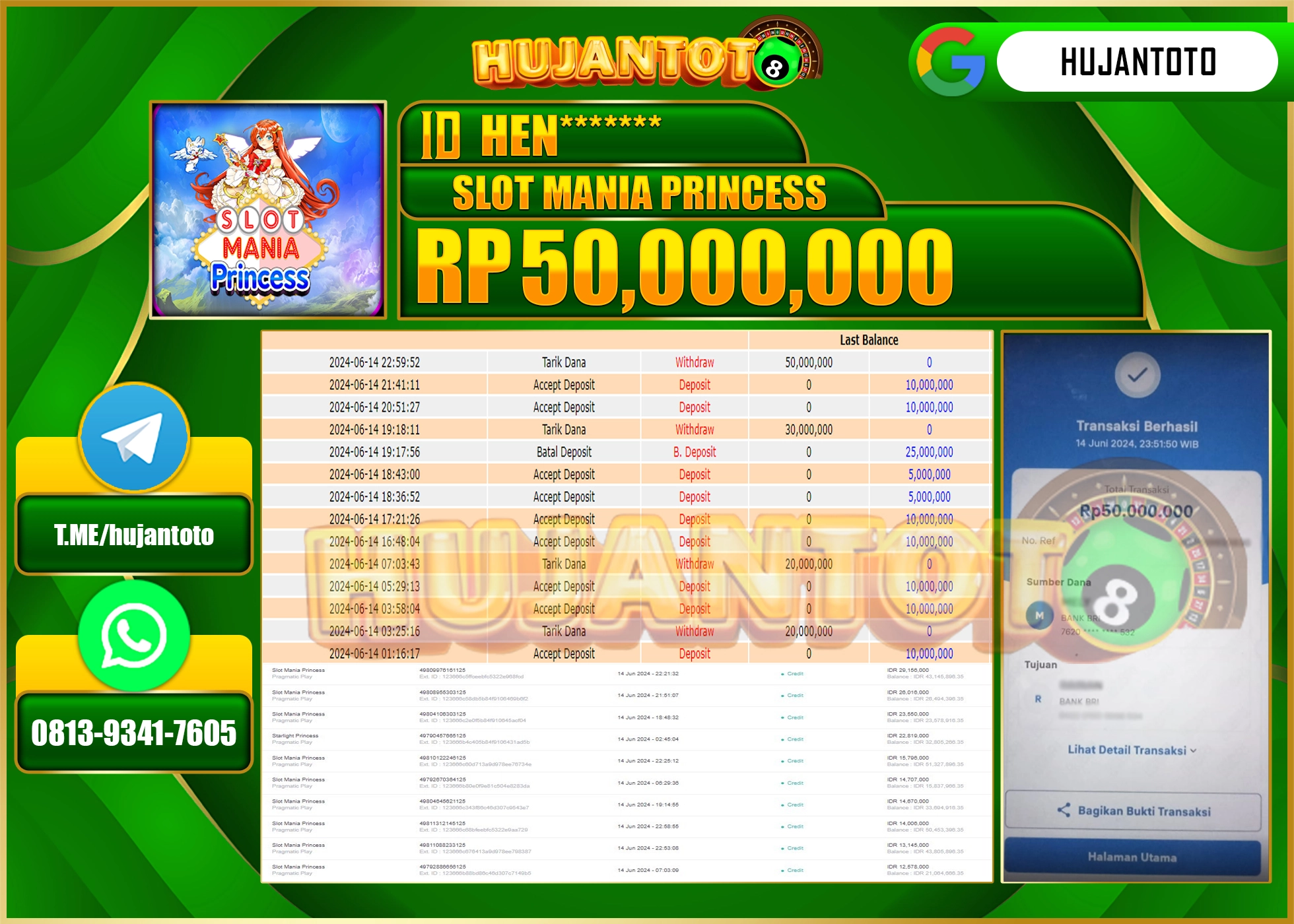 HUJANTOTO MENANG DI SLOT MANIA PRINCESS 50.000.000 - LUNAS 