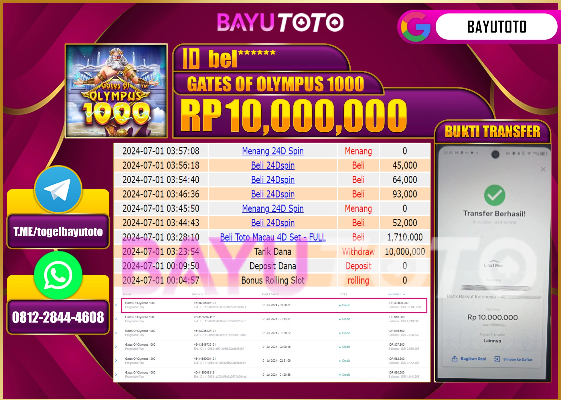 BAYUTOTO JACKPOT SLOT GAMES GATES OF OLYMPUS 1000  Rp.10.000.000 LUNAS