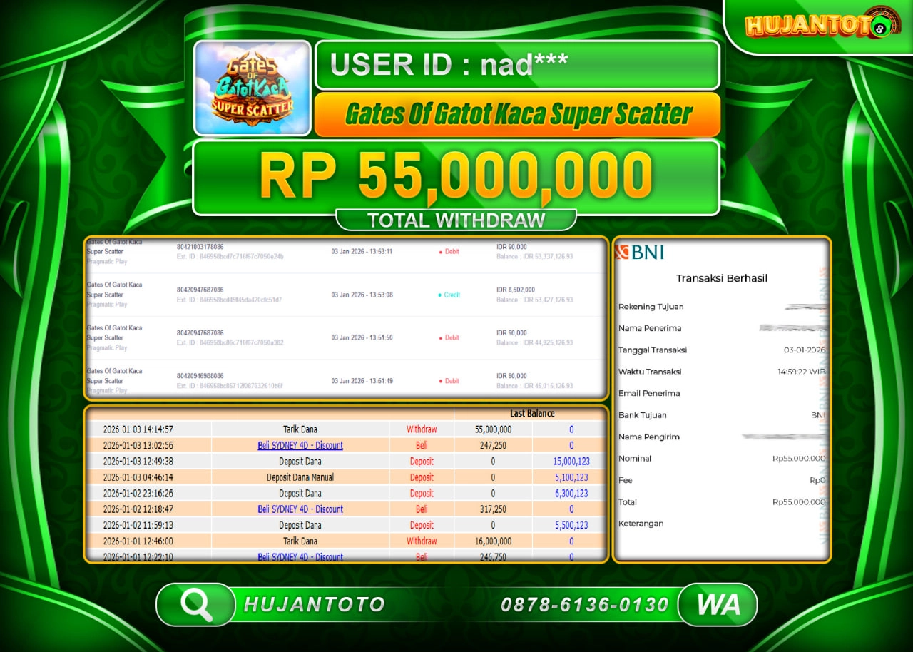 HUJANTOTO - BUKTI JACKPOT MENANG SLOT Gates Of Gatot Kaca 1000 Rp.55,000,000 - TERBAYAR LUNAS