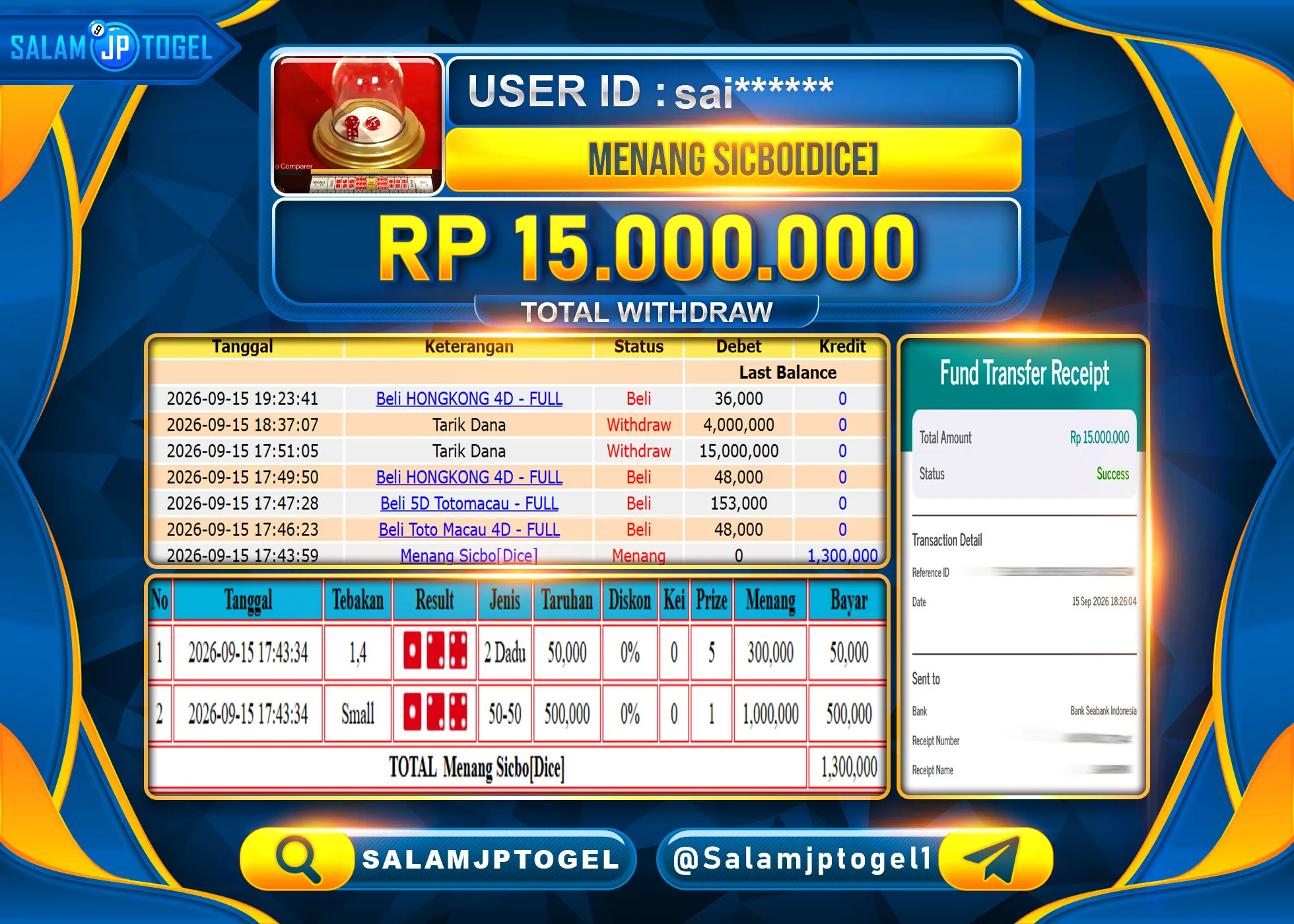 SALAMJPTOGEL JACKPOT LIVE CASINO MENANG SICBO[DICE] Rp.15,000,000 - LUNAS