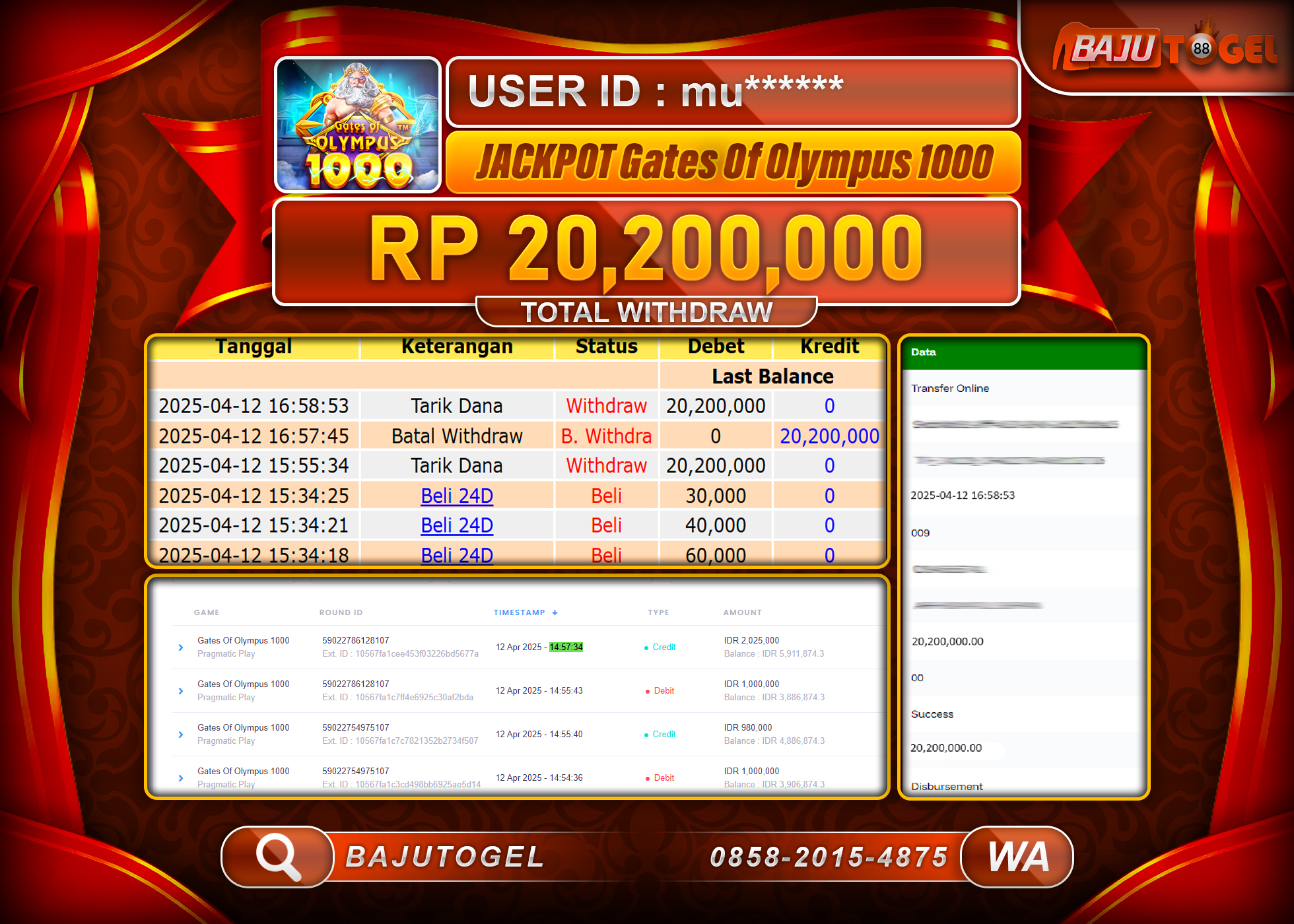 BAJUTOGEL KEMENANGAN GATES OF OLYMPUS 1000 Rp.20.200.000 LUNAS