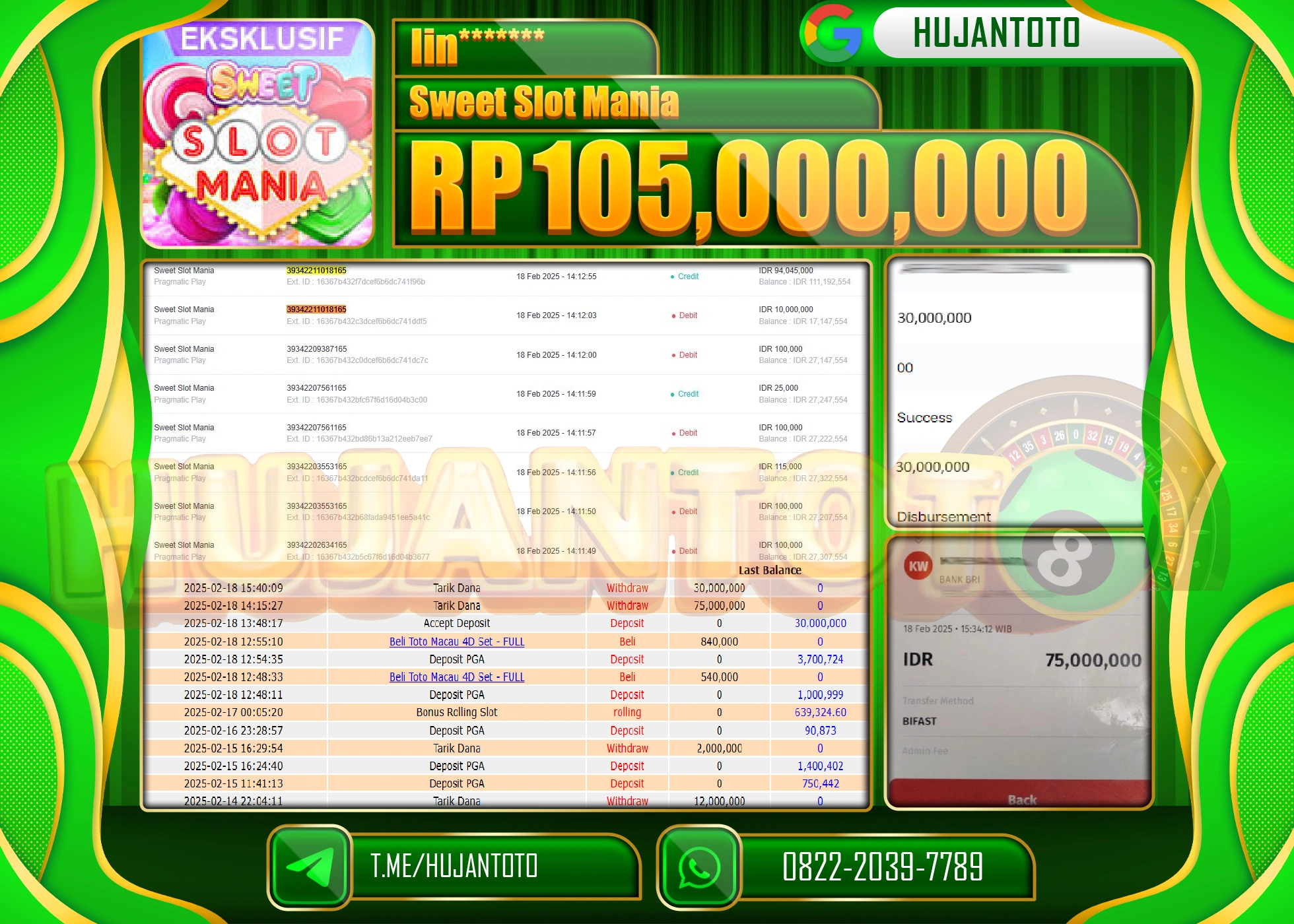 HUJANTOTO - BUKTI JACKPOT MENANG SLOT SWEET MANIA Rp,105,000,000 - TERBAYAR LUNAS