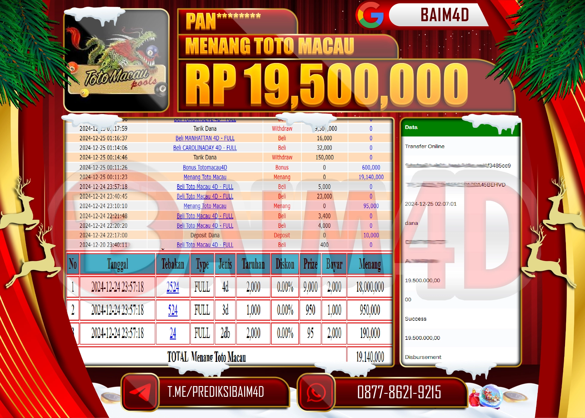 BAIM4D JACKPOT MENANG TOTO MACAU 4D POOLS Rp.19.500,000.- LUNAS