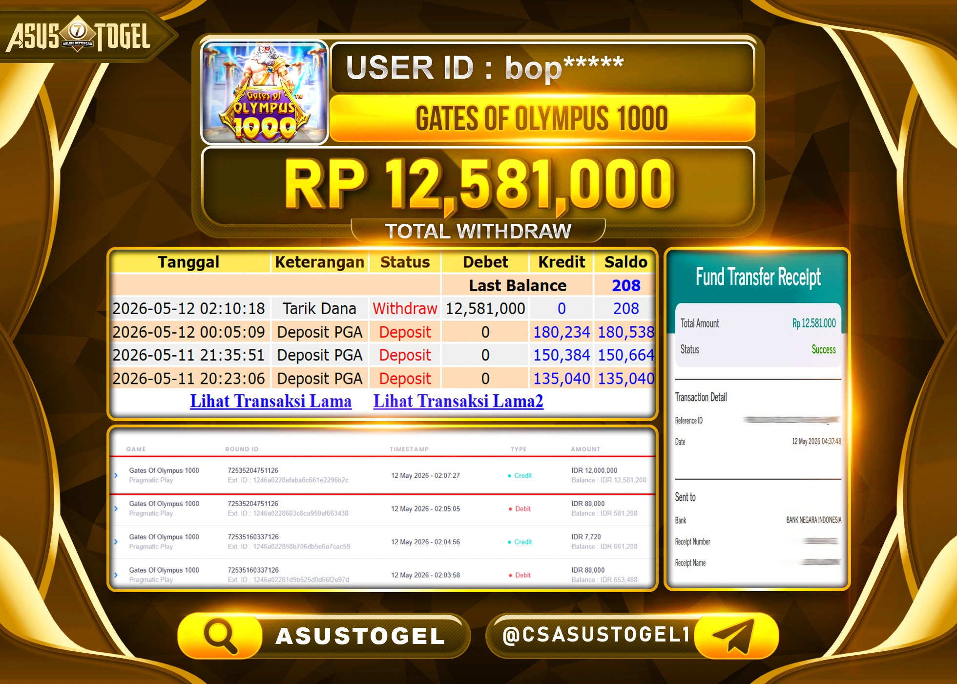 ASUSTOGEL KEMENANGAN JACKPOT DI PERMAINAN GATES OF OLYMPUS 1000 SEBESAR Rp.12,581,000 - RUPIAH LUNAS