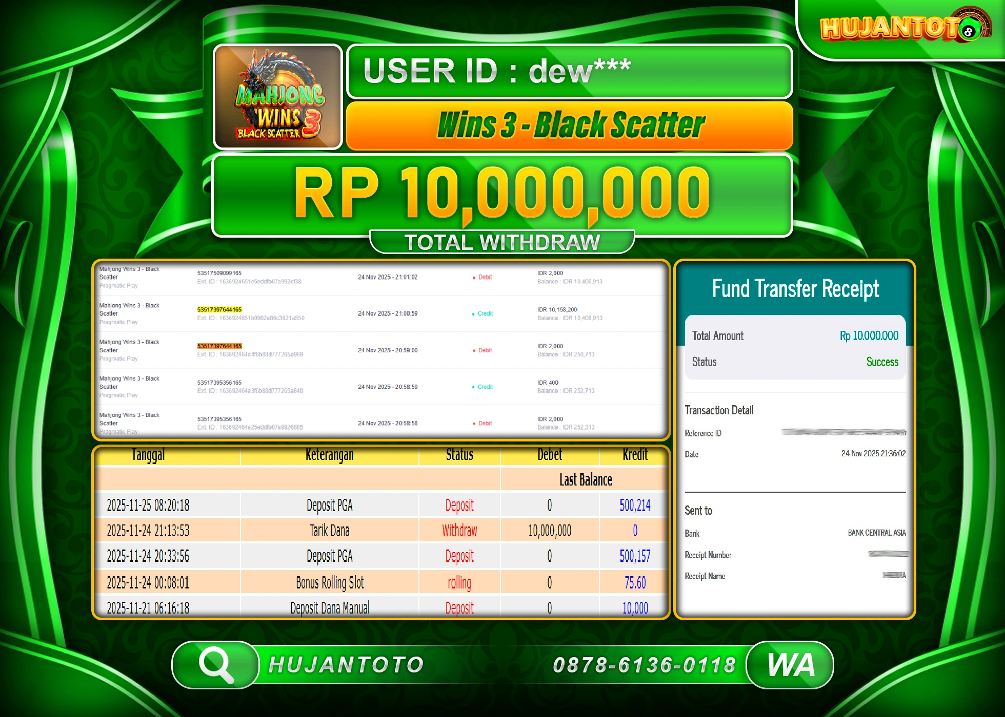 HUJANTOTO - BUKTI JACKPOT MENANG SLOT MAHJONG WINS 3 Rp.10,000,000 - TERBAYAR LUNAS