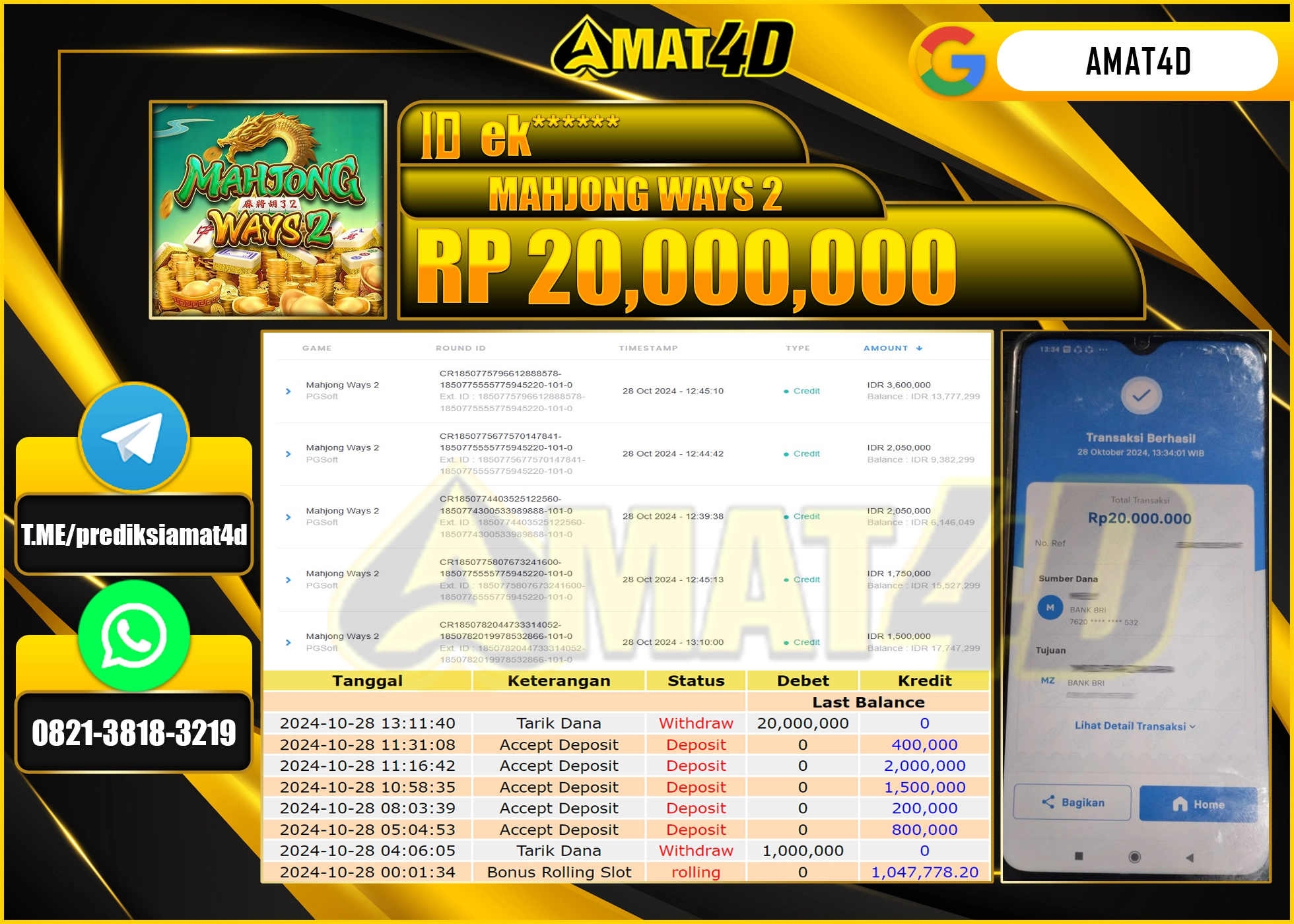   AMAT4D JACKPOT SLOT MAHJONG WAYS2 Rp.20.000.000 BERHASIL DI BAYAR LUNAS