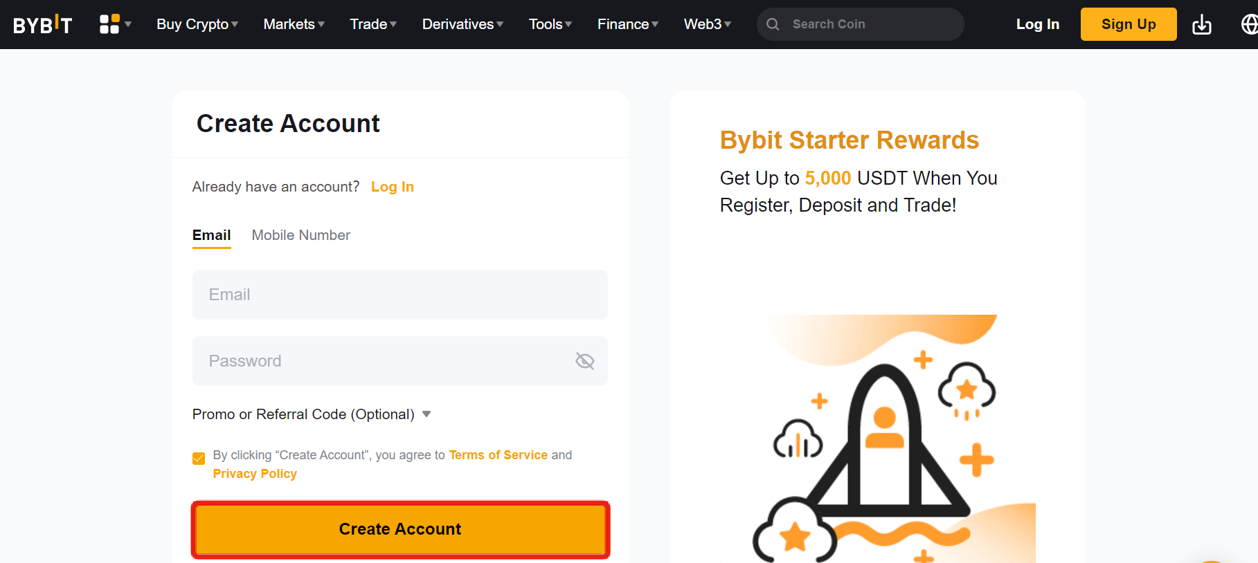 Bybit sign up page