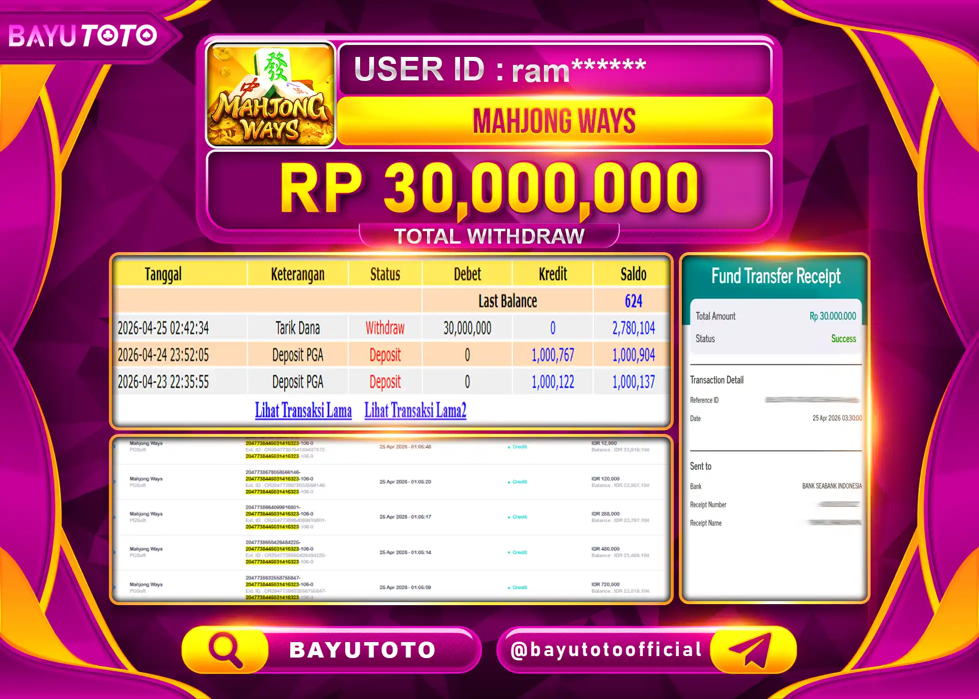 BAYUTOTO JACKPOT DI SLOT MAHJONG WAYS PG SOFT  Rp.30,000,000 LUNAS