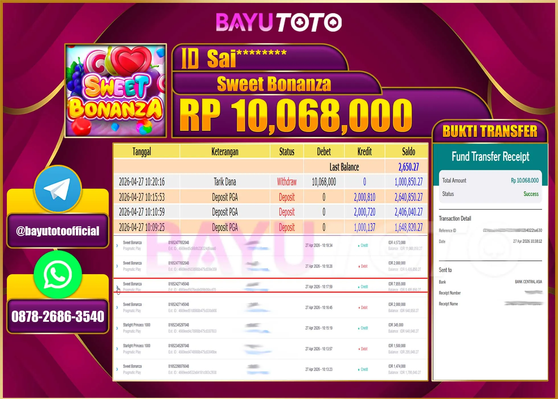 BAYUTOTO JACKPOT DI SLOT SWEET BONANZA PRAGMATIC PLAY Rp.10,068,000 LUNAS