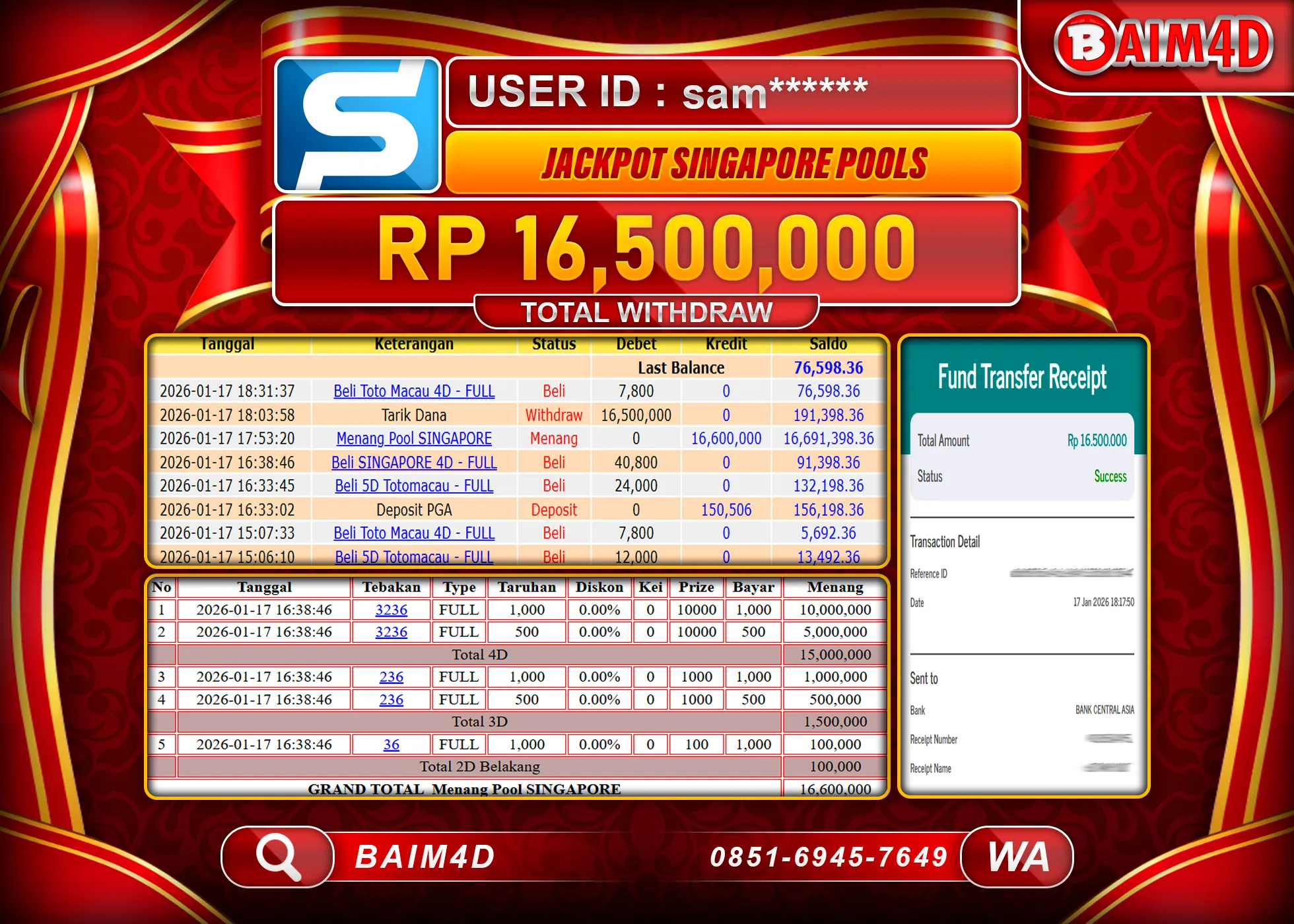 BAIM4D JACKPOT  TOGEL SINGAPORE POOLS Rp.16,500,000 - LUNAS