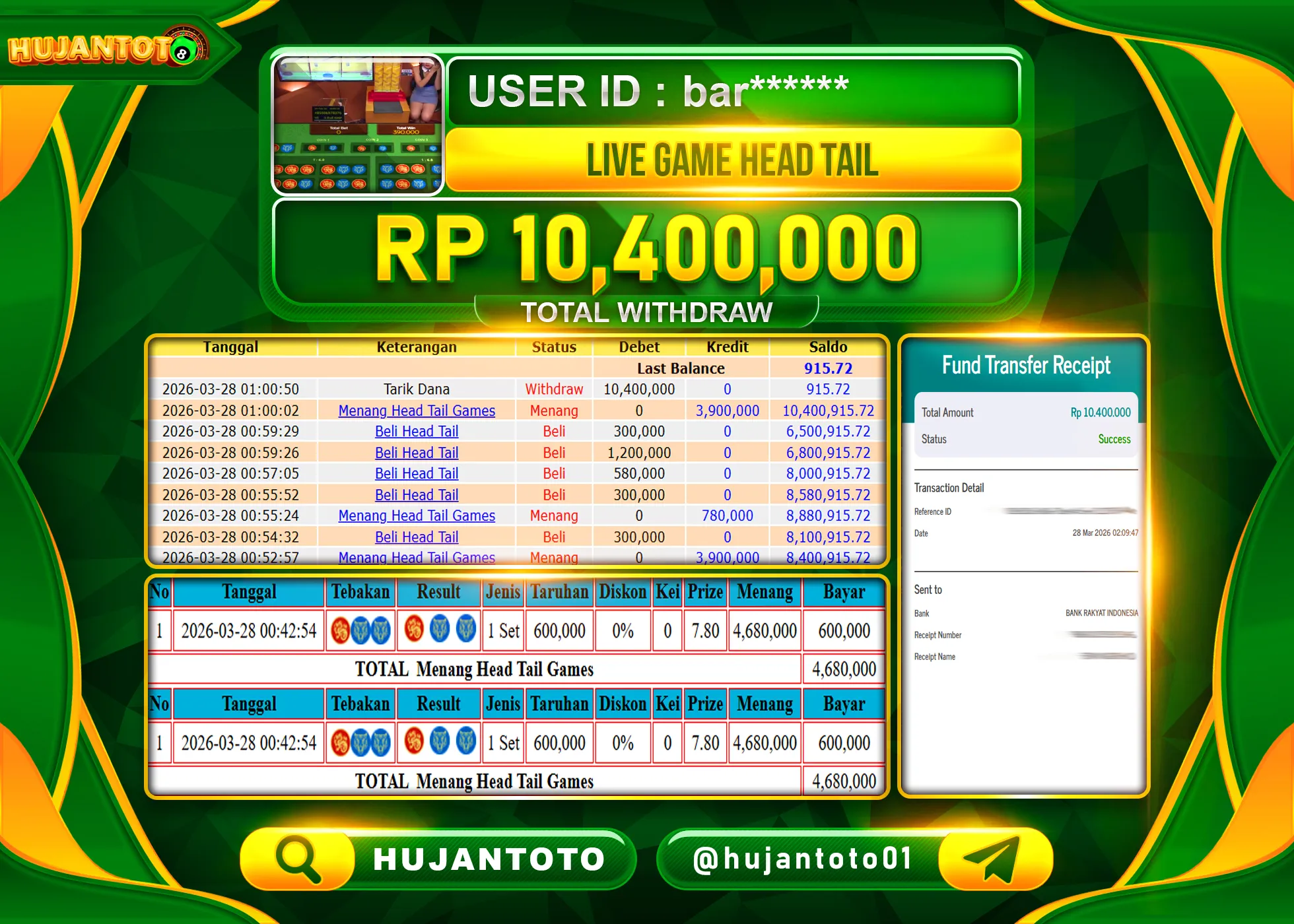 HUJANTOTO - BUKTI JACKPOT MENANG LIVEGAMES HEAD TAIL Rp.10,400,000 - TERBAYAR LUNAS