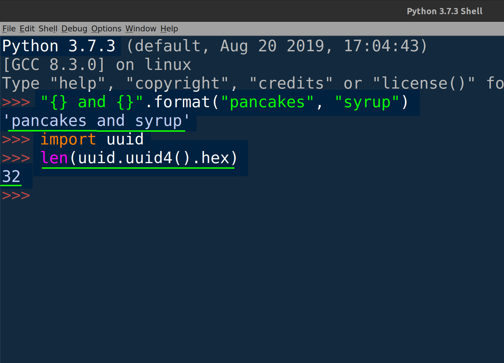 Screenshot of Python IDLE using string's format to concatenate strings and getting length of UUID object