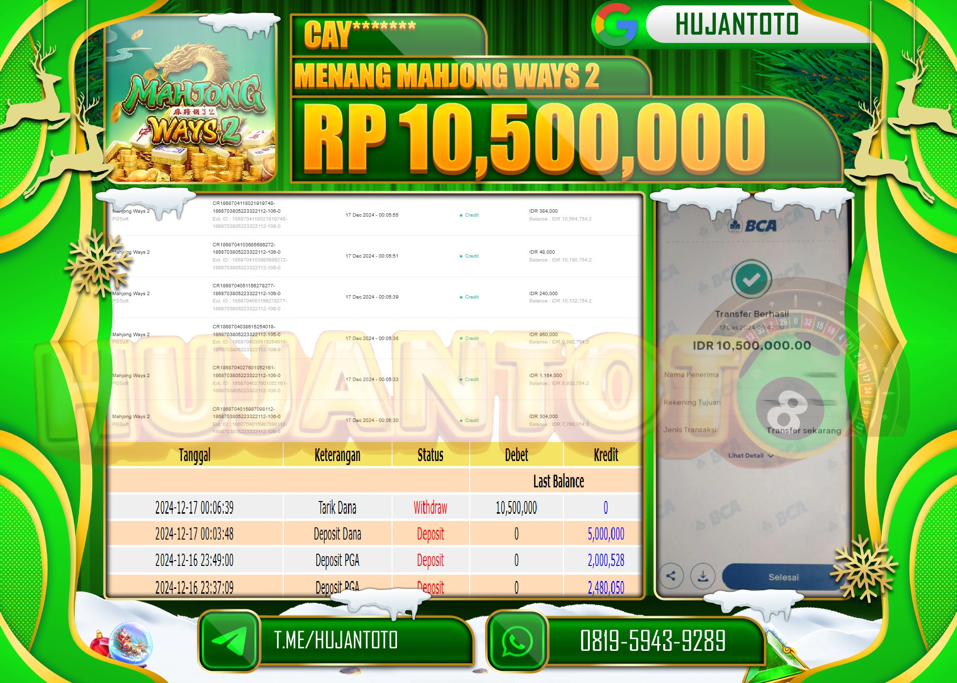 HUJANTOTO ATAS KEMENANGAN BESAR YANG DI RAIH DI PERMAINA SLOT MAHJONG WAYS 2  - 10,500,000 - TERBAYAR LUNAS