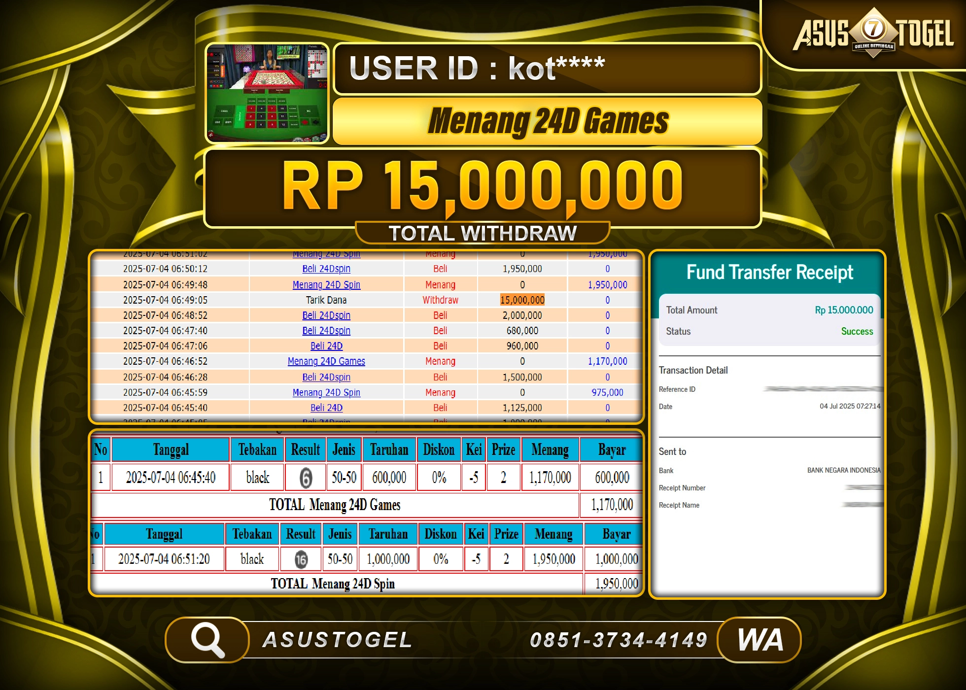 ASUSTOGEL KEMENANGAN DI LIVE GAME 24D SPIN SEBESAR 15,000,000- RUPIAH LUNAS