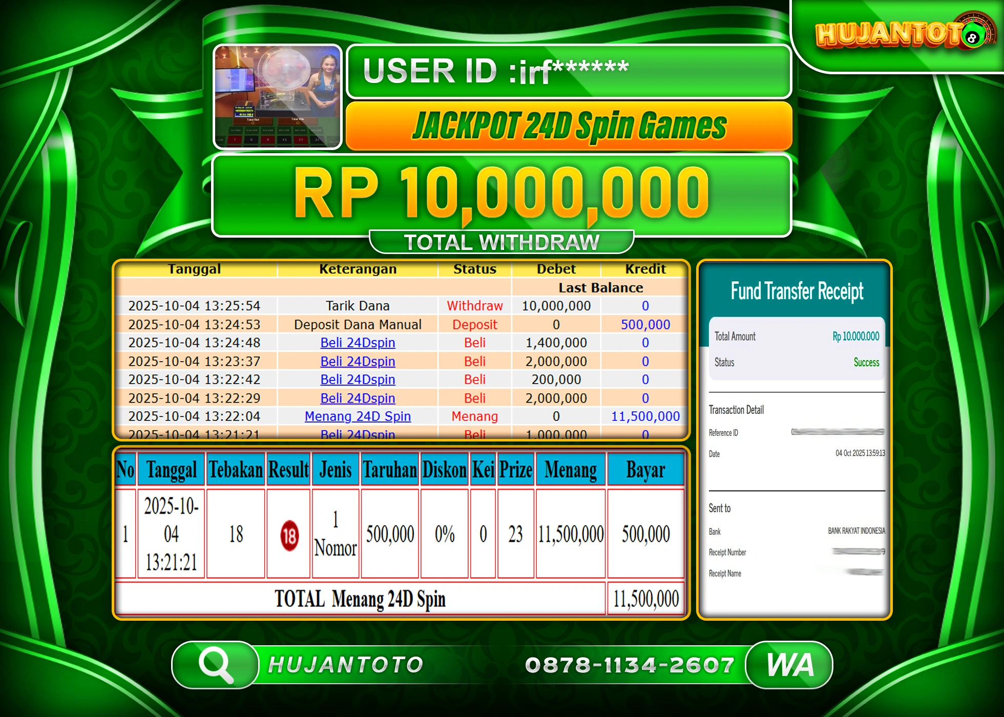 HUJANTOTO - BUKTI JACKPOT MENANG LIVEGAMES 24D SPIN GAMES Rp.10,000,000 - TERBAYAR LUNAS