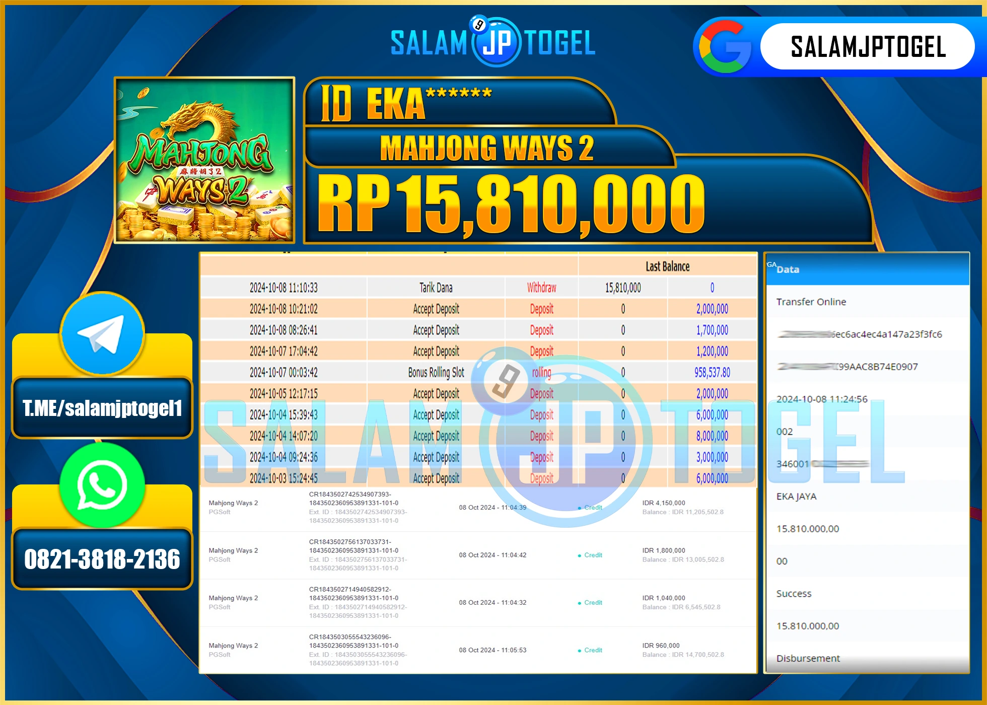 SALAMJPTOGEL MENANG SLOT MAHJONG WAYS 2 RP. 15,810,000 LUNAS