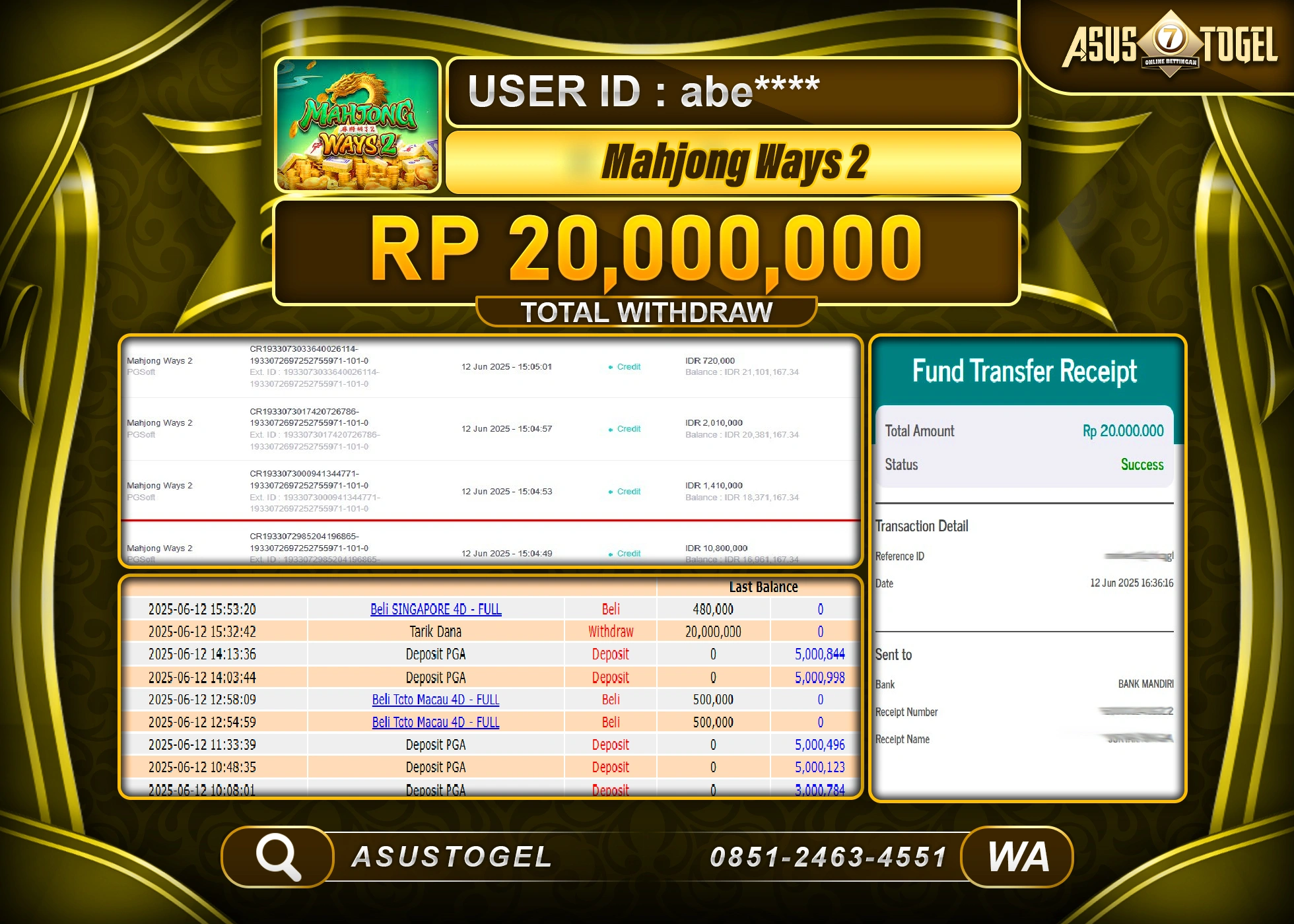 ASUSTOGEL KEMENANGAN DI SLOT MAHJONG WAYS 2 SEBESAR 20,000,000- RUPIAH LUNAS