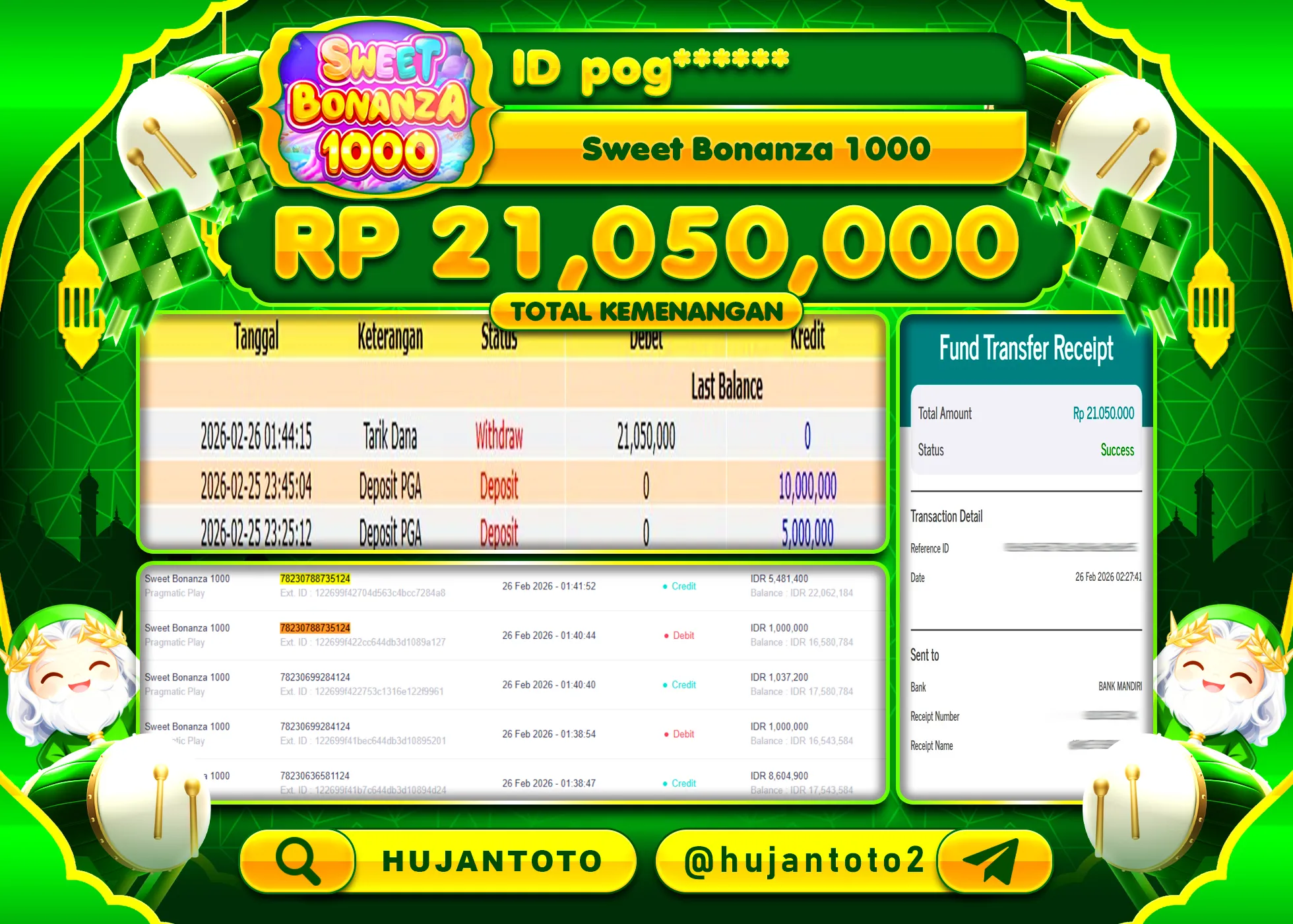 HUJANTOTO - BUKTI JACKPOT MENANG SLOT SWEET BONANZA 1000 Rp.21,050,000 - TERBAYAR LUNAS