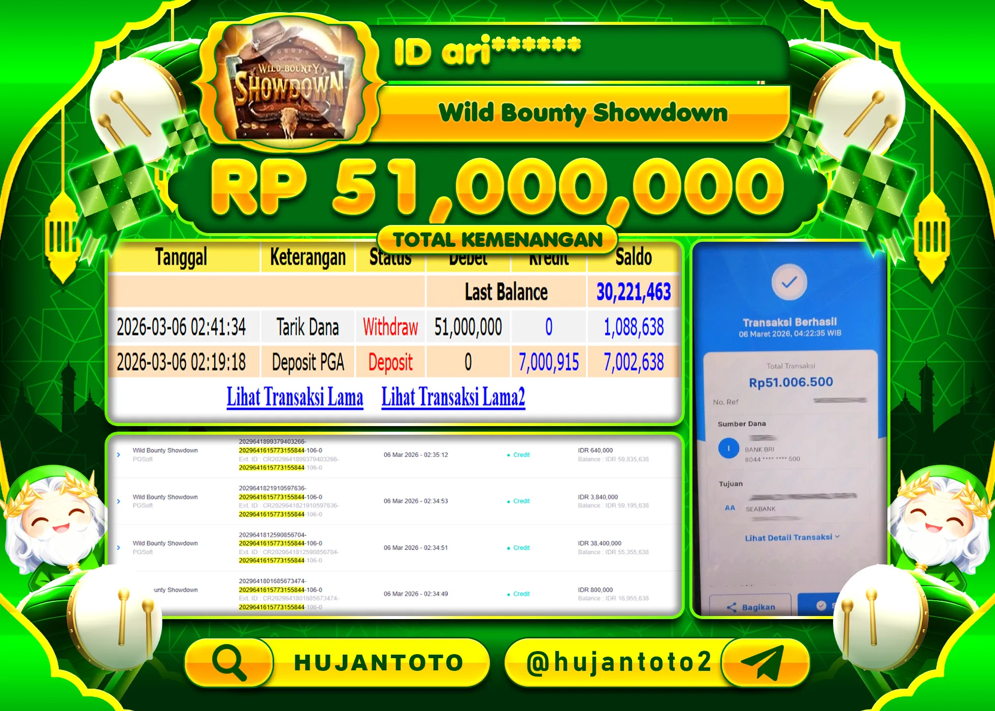 HUJANTOTO - BUKTI JACKPOT MENANG SLOT WILD BOUNTY SHOWDOWN Rp.51,000,000 - TERBAYAR LUNAS