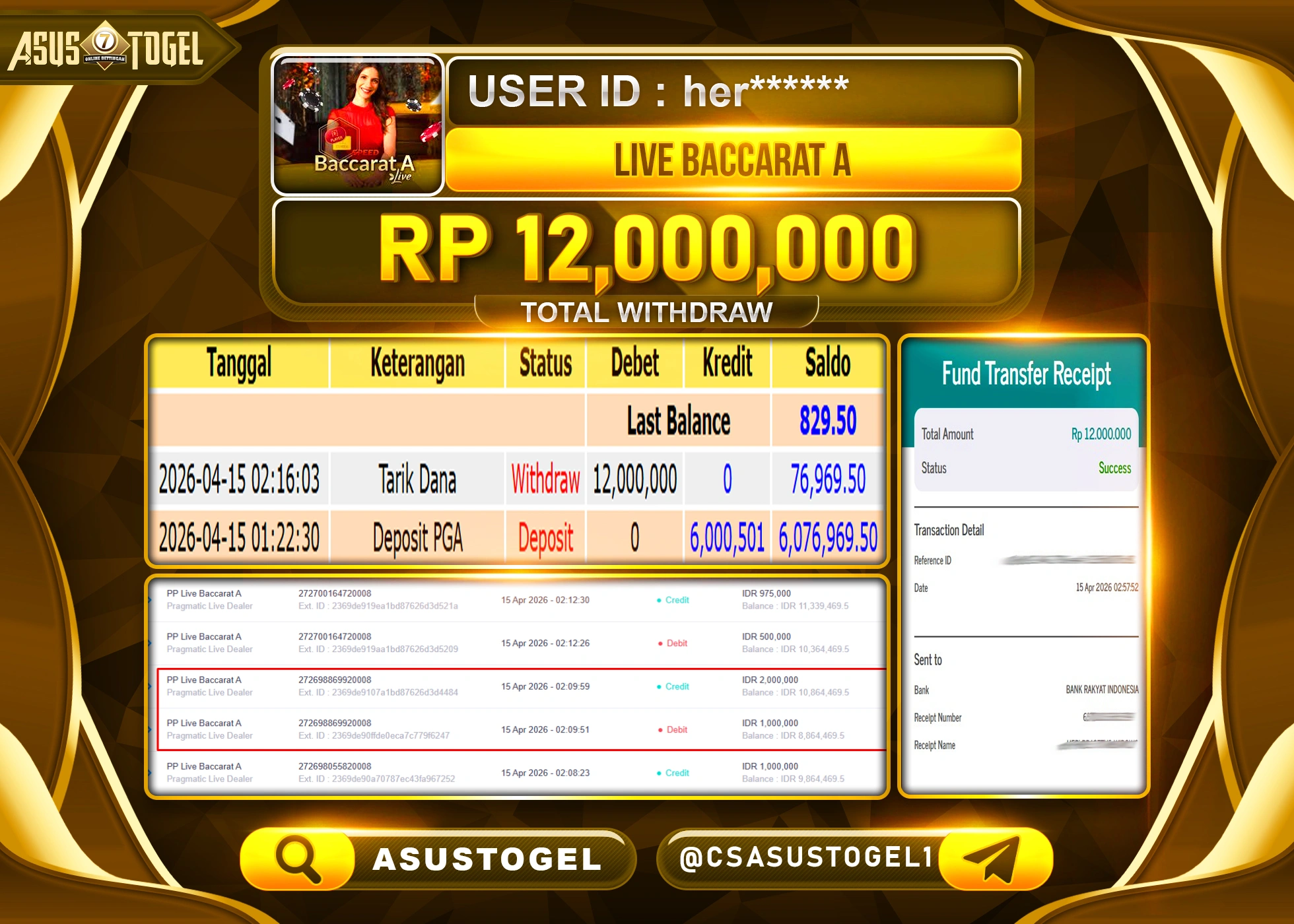 ASUSTOGEL KEMENANGAN JACKPOT DI PERMAINAN LIVE BACCARAT A SEBESAR Rp.12,000,000 - RUPIAH LUNAS