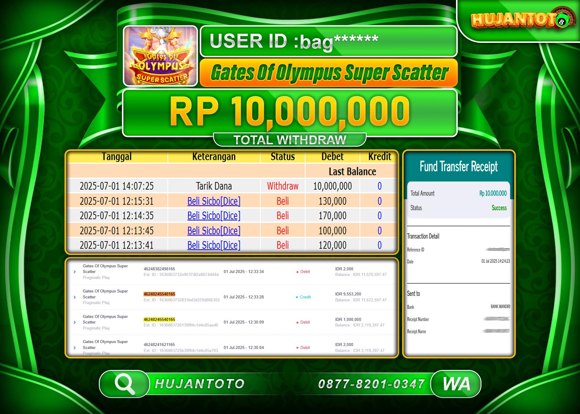 HUJANTOTO - BUKTI JACKPOT MENANG SLOT GATES OF OLYMPUS SUPER SCATTER Rp.10,000,000 - TERBAYAR LUNAS