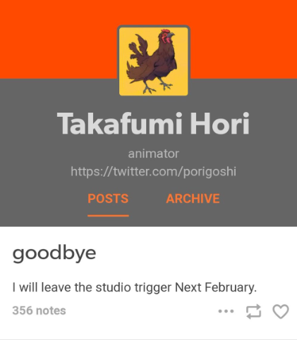 Animator Takafumi Hori announces his departure from Studio Trigger anime