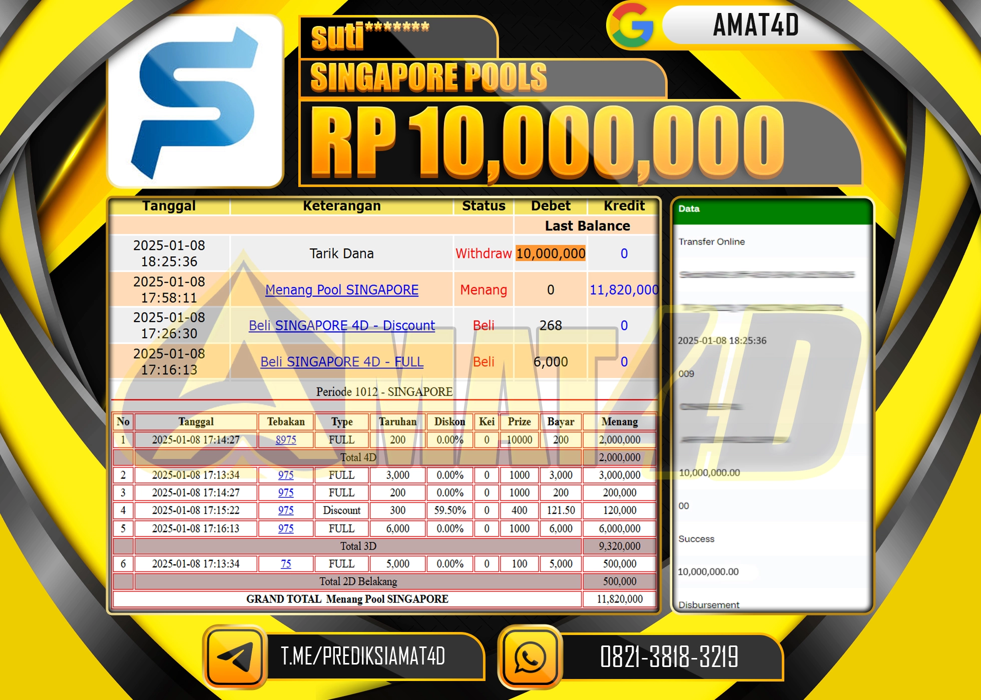 AMAT4D KEMENANGAN JACKPOT SINGAPORE POOLS Rp.10.000.000 BERHASIL DI BAYAR LUNAS