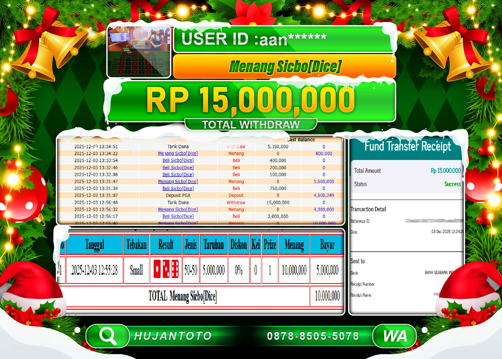 HUJANTOTO - BUKTI JACKPOT MENANG LIVEGAMES SICBO DICE Rp.15,000,000 - TERBAYAR LUNAS