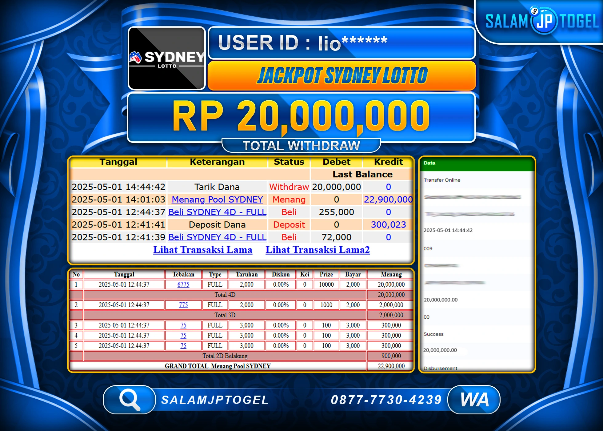 SALAMJPTOGEL MENANG JACKPOT SYDNEY LOTTO Rp.20,000,000 LUNAS