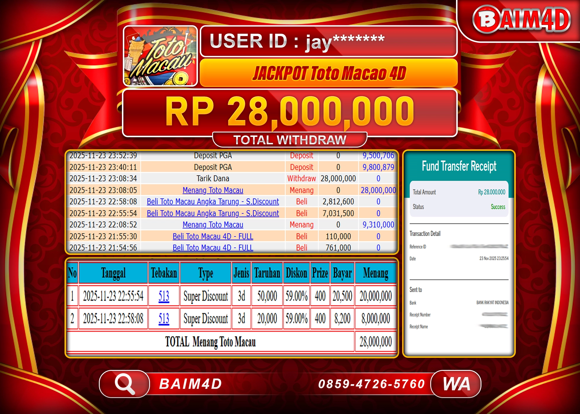 BAIM4D JACKPOT TOGEL TOTO MACAU 4D GAMES Rp.28,000,000 - LUNAS