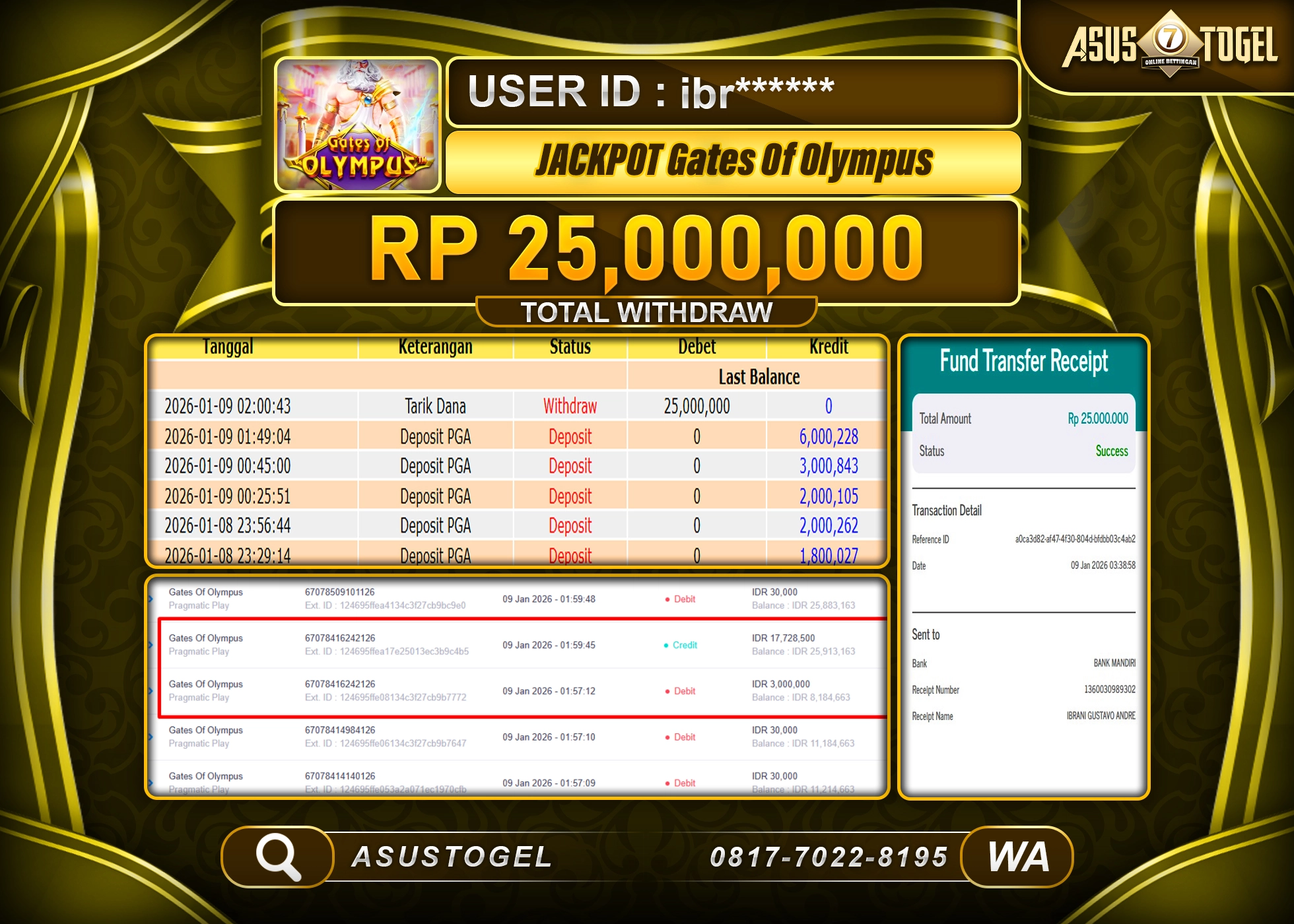 ASUSTOGEL KEMENANGAN DI SLOT GATES OF OLYMPUS SEBESAR 25,000,000 - RUPIAH LUNAS