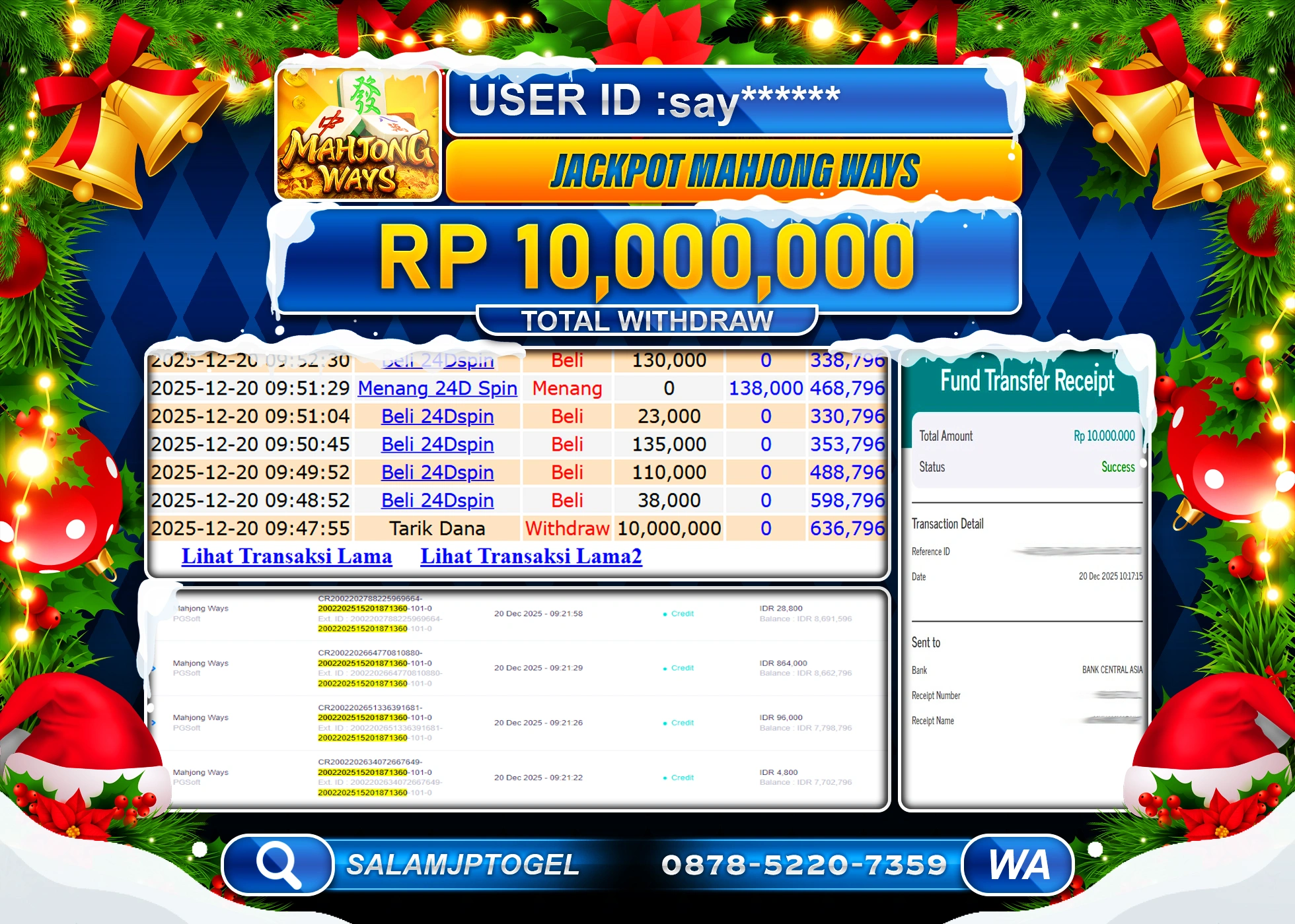 SALAMJPTOGEL MENANG JACKPOT MAHJONG WAYS  Rp.10,000,000 - LUNAS