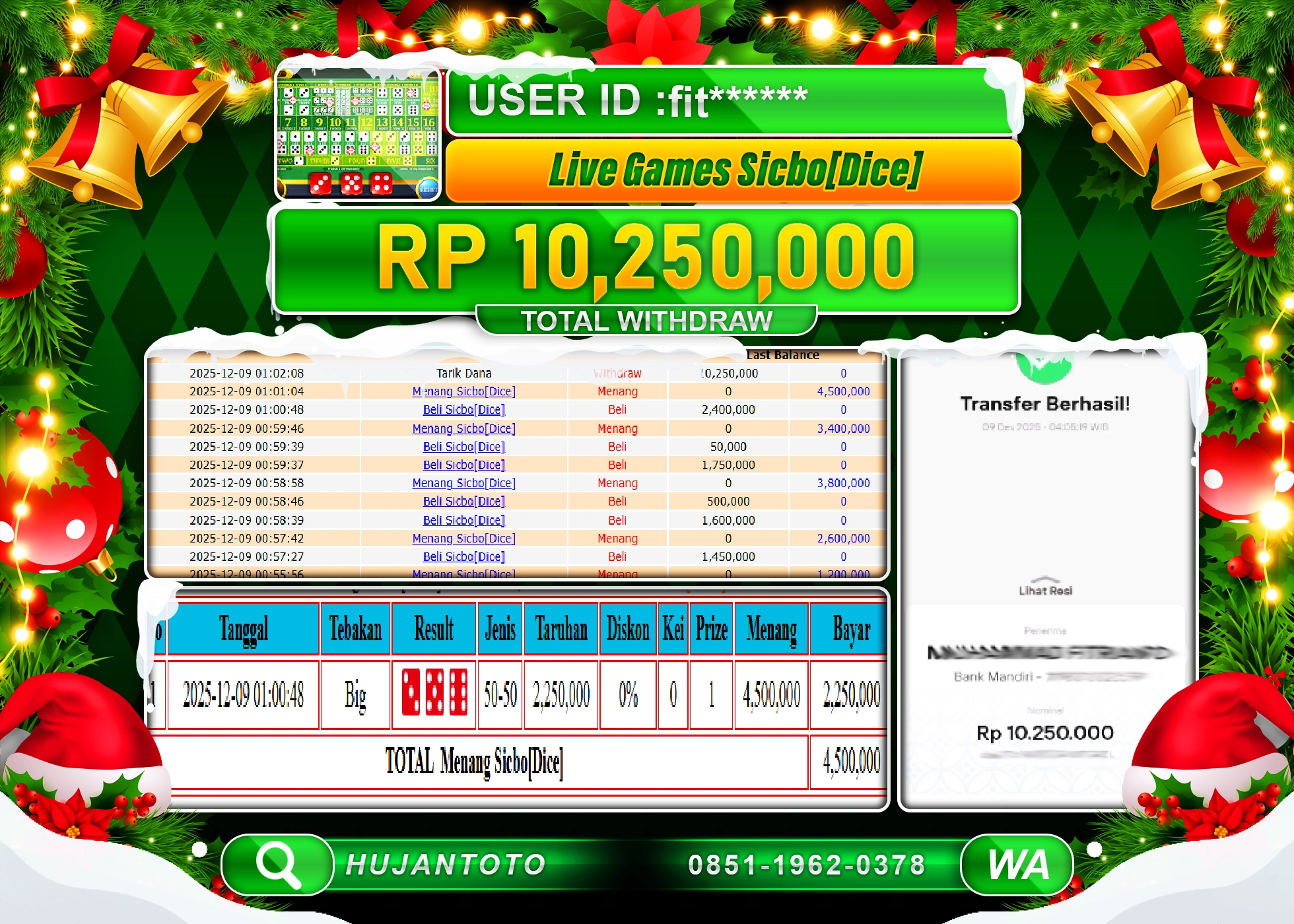 HUJANTOTO - BUKTI JACKPOT MENANG LIVE GAMES SICBO [DICE} Rp.10,250,000 - TERBAYAR LUNAS